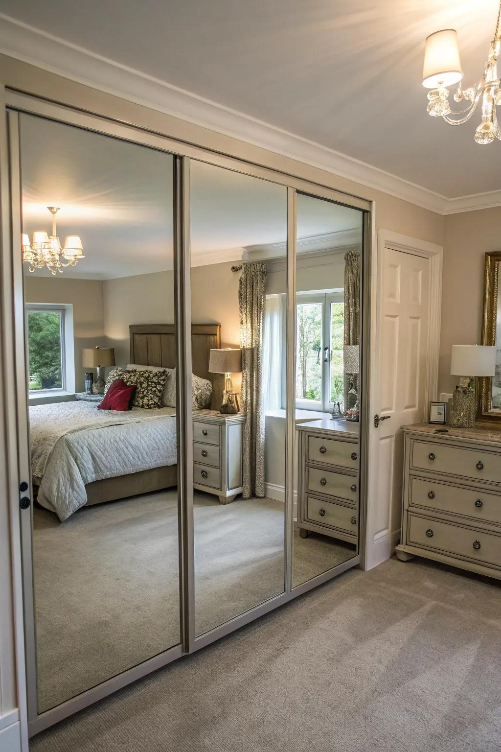 Reflective paneling bounces light and visually expands the room.