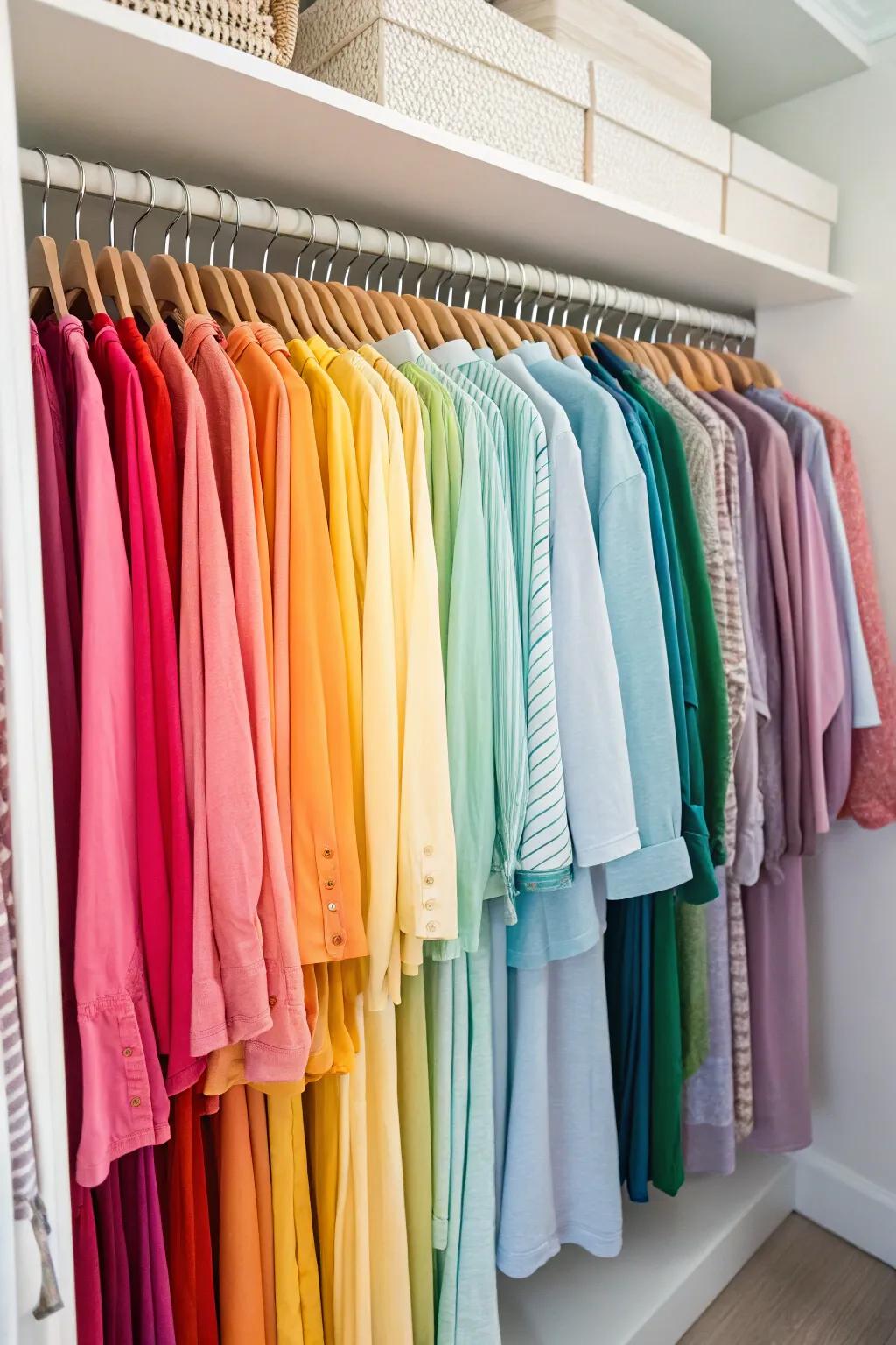 The beauty of a rainbow in your closet not only organizes but also uplifts.