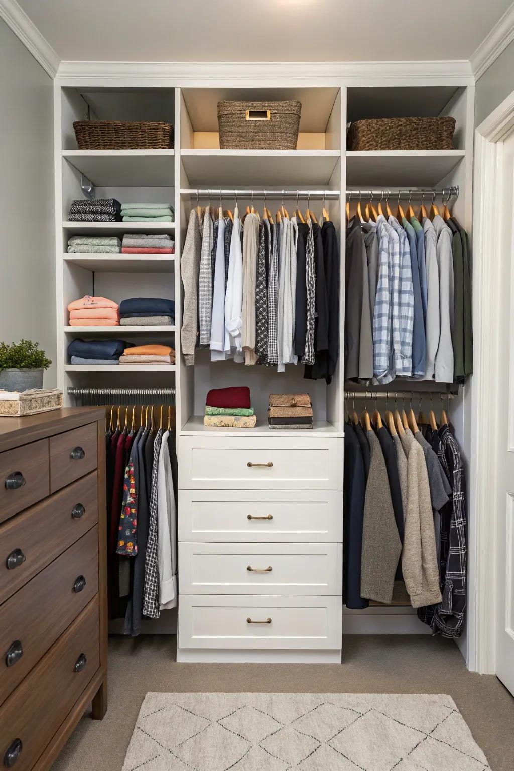 Utilizing vertical space with strategically placed shelves above the dresser.