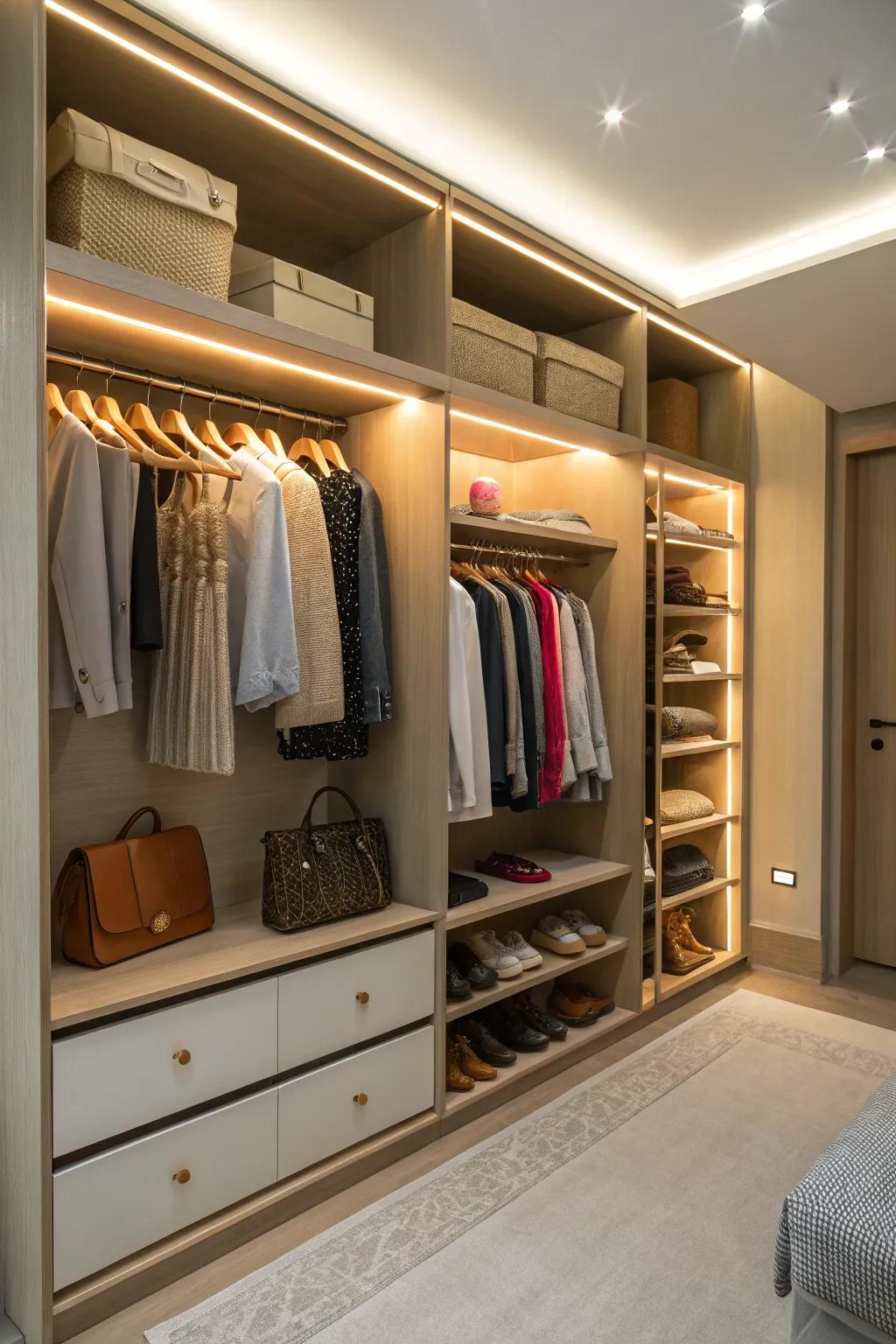 Built-in lighting boosts your closet's usefulness and look.