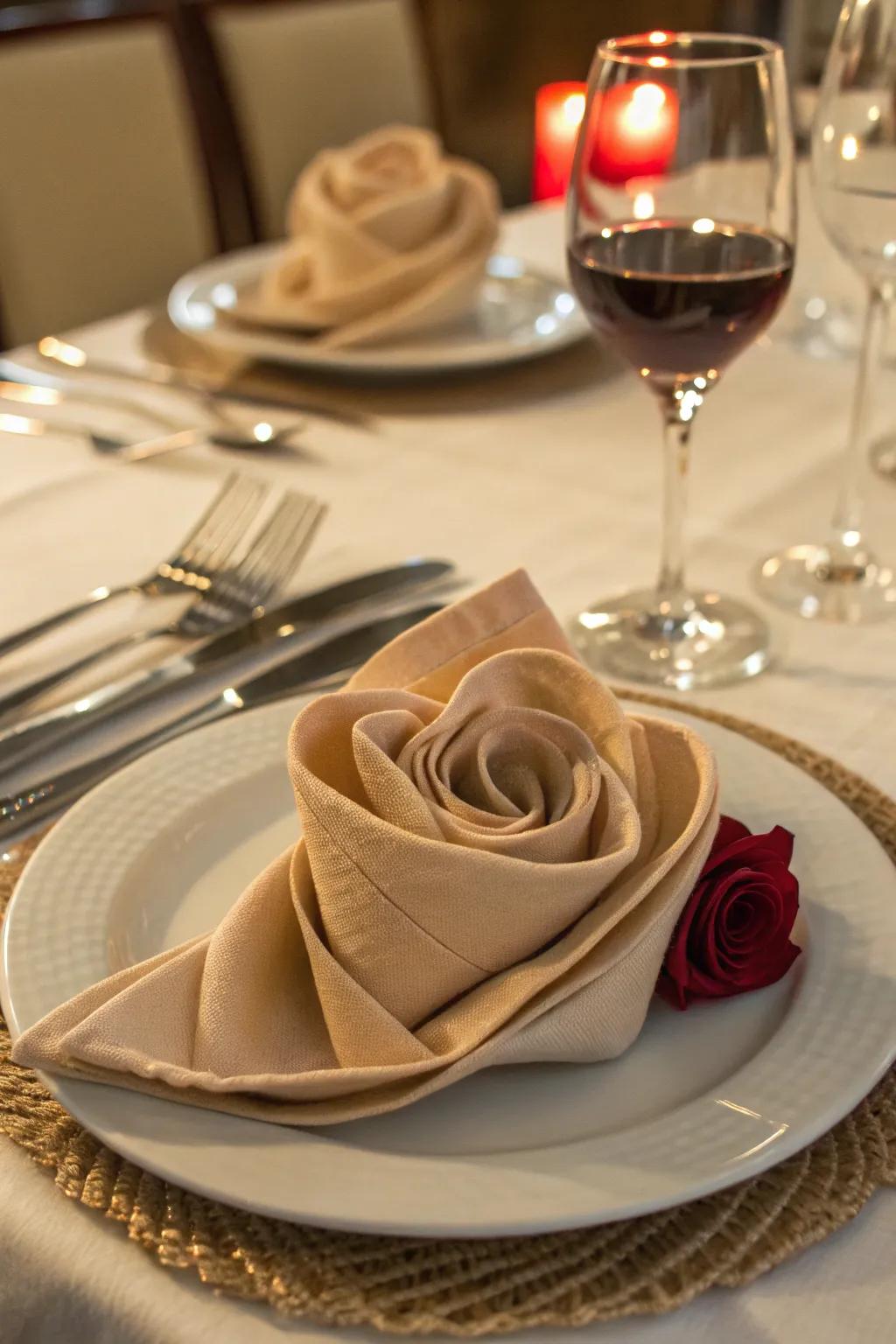 A floral bloom textile fold introduces romance and charm to your table.