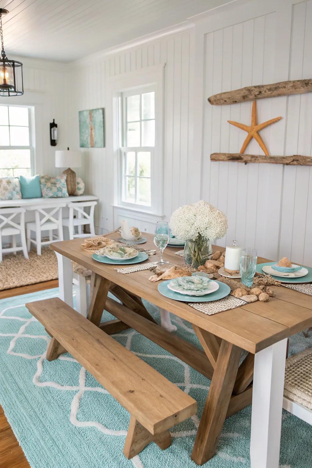 A muted scheme of off-whites and azures echoes the peace of the seashore.