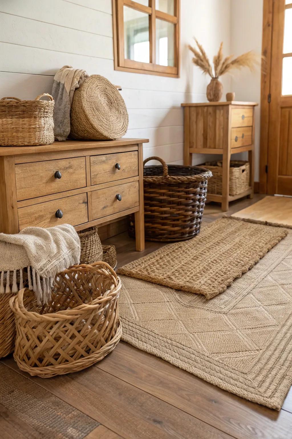 Natural materials introduce warmth and texture to coastal farmhouse designs.