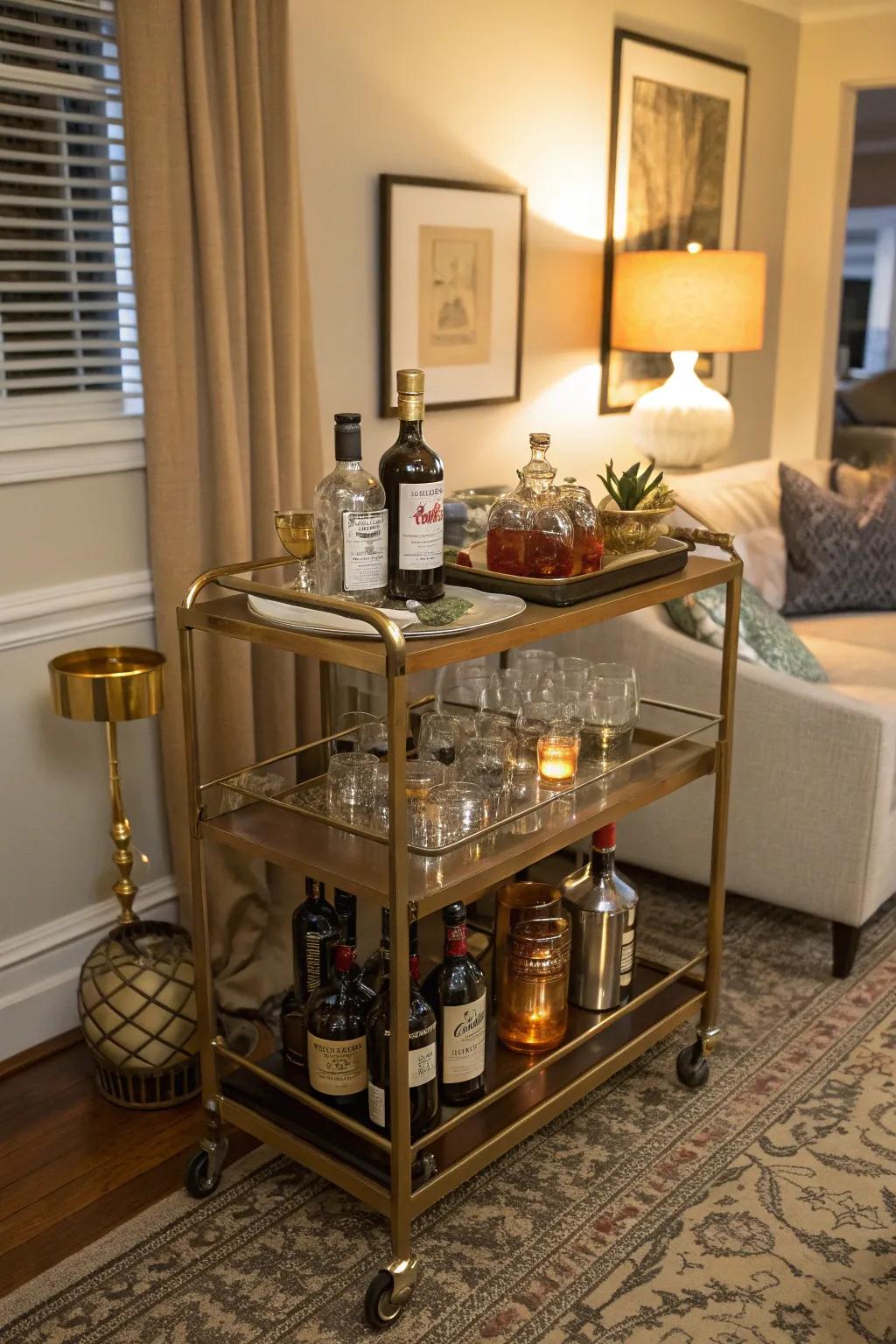 Sleek and adaptable, a drinks trolley allows flexible cocktail indulgence.