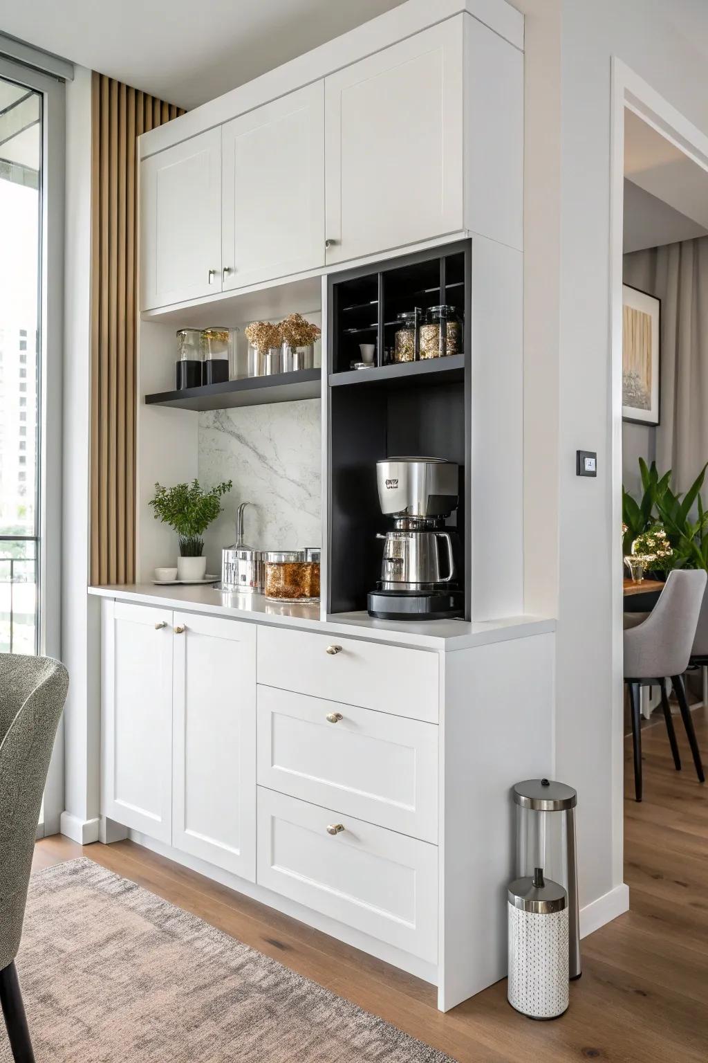 A glossy alabaster cabinet bestowing a contemporary nuance to any setting.