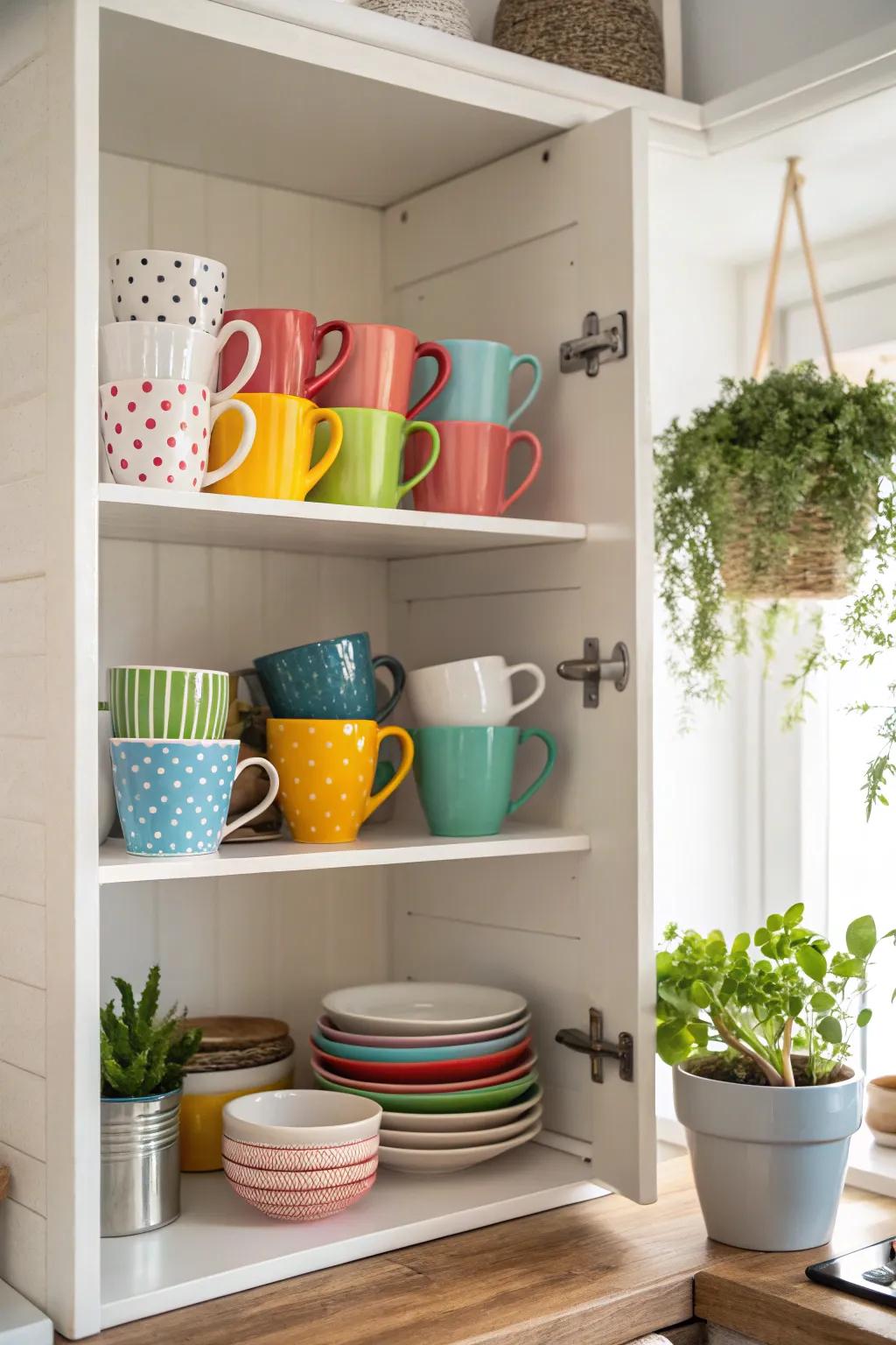 Open shelves presenting a variety of vibrant mugs.