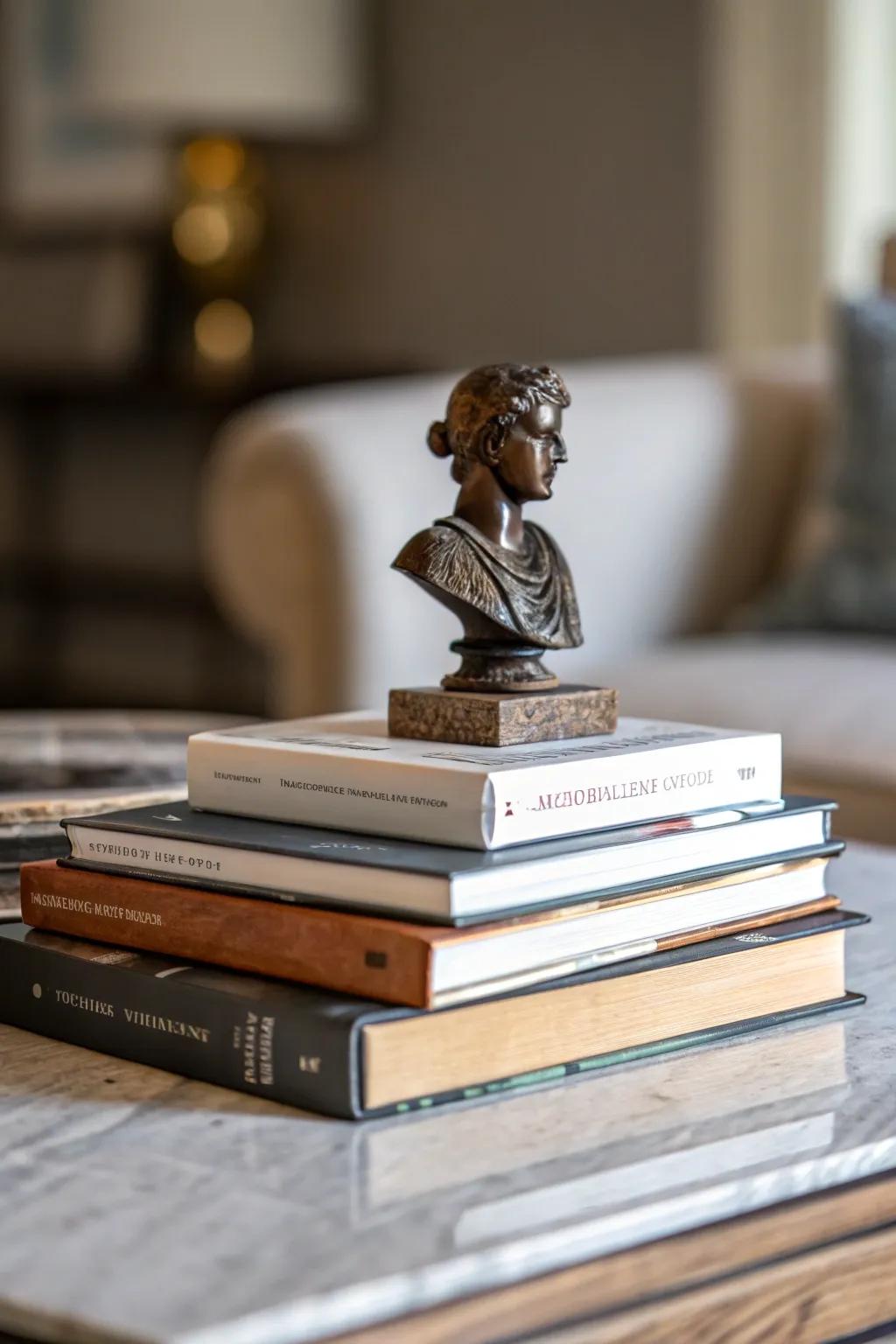 Accentuate your stack of books with artifacts that hold personal significance.