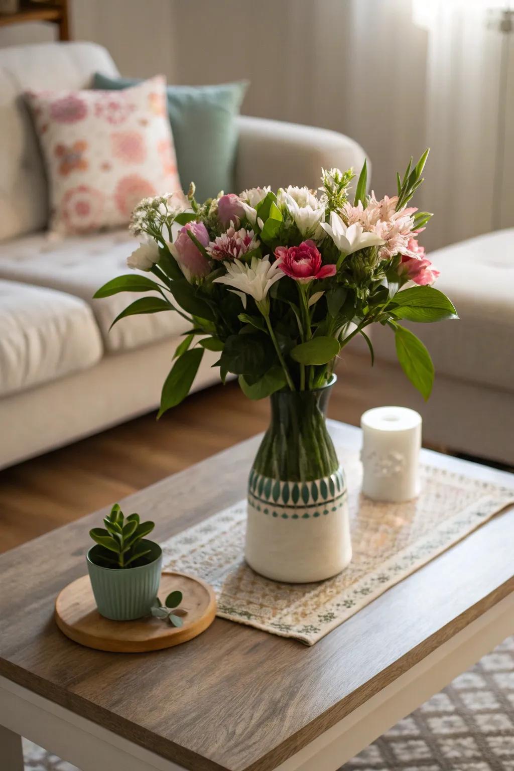 Natural elements such as botanicals and blossoms enrich your coffee table arrangement with vitality.