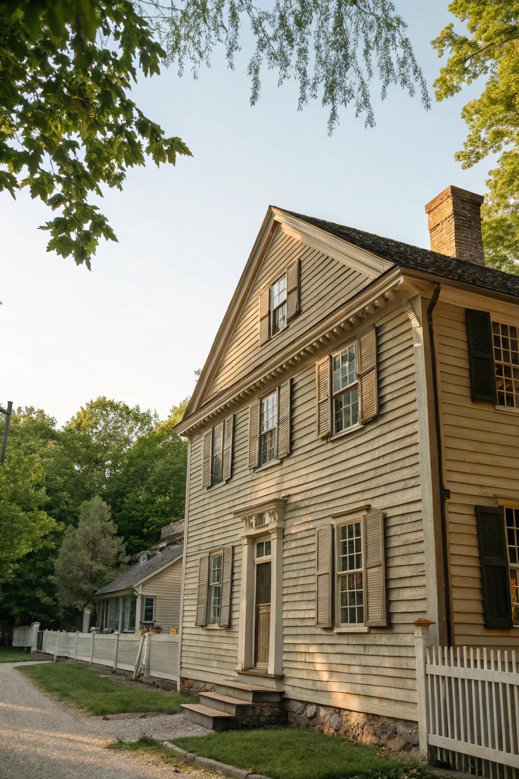 Colonial dwelling showcasing classic wooden overlap siding.
