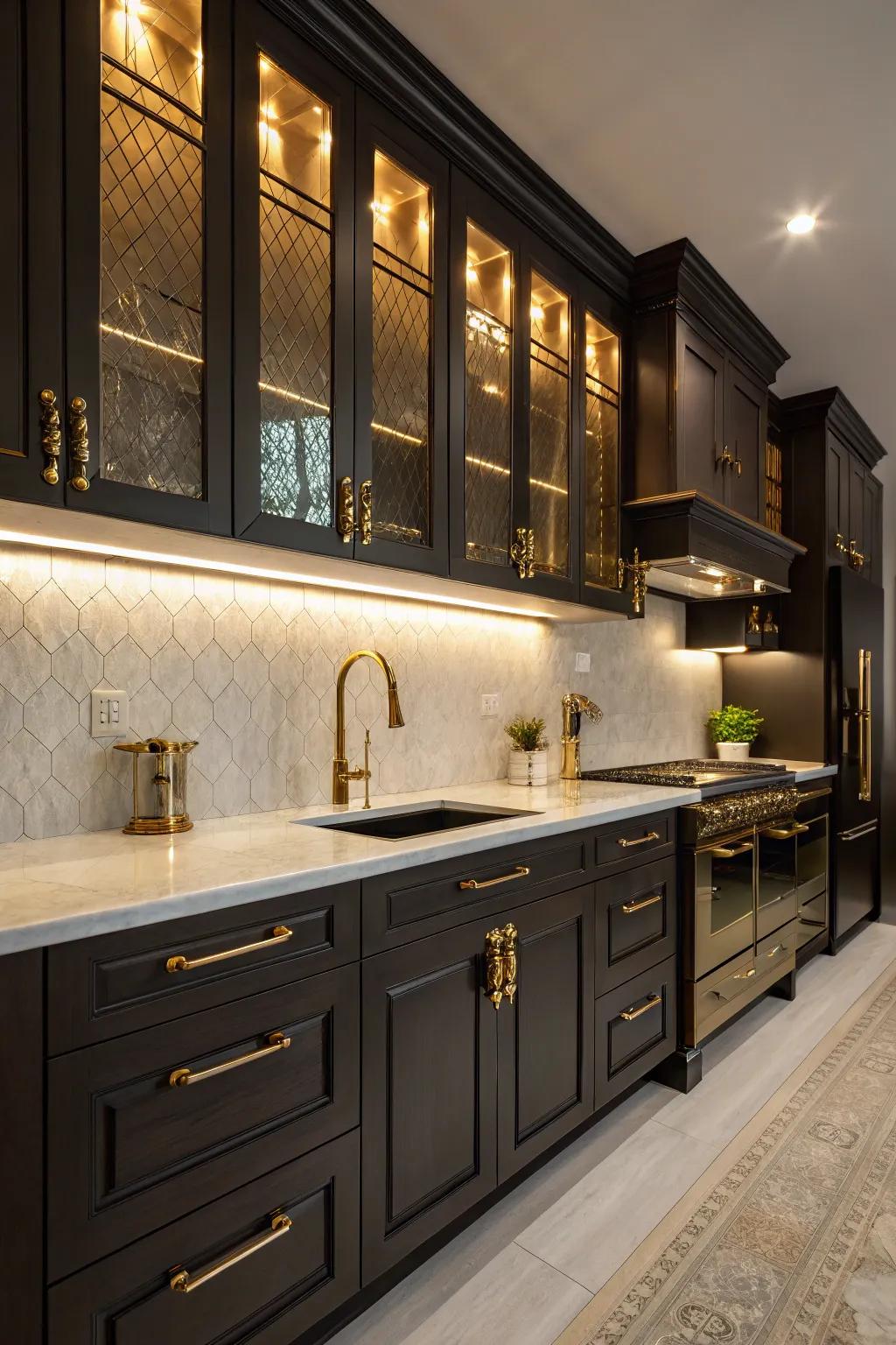 Dark cabinets enhanced with gold hardware, infusing the kitchen with luxury.