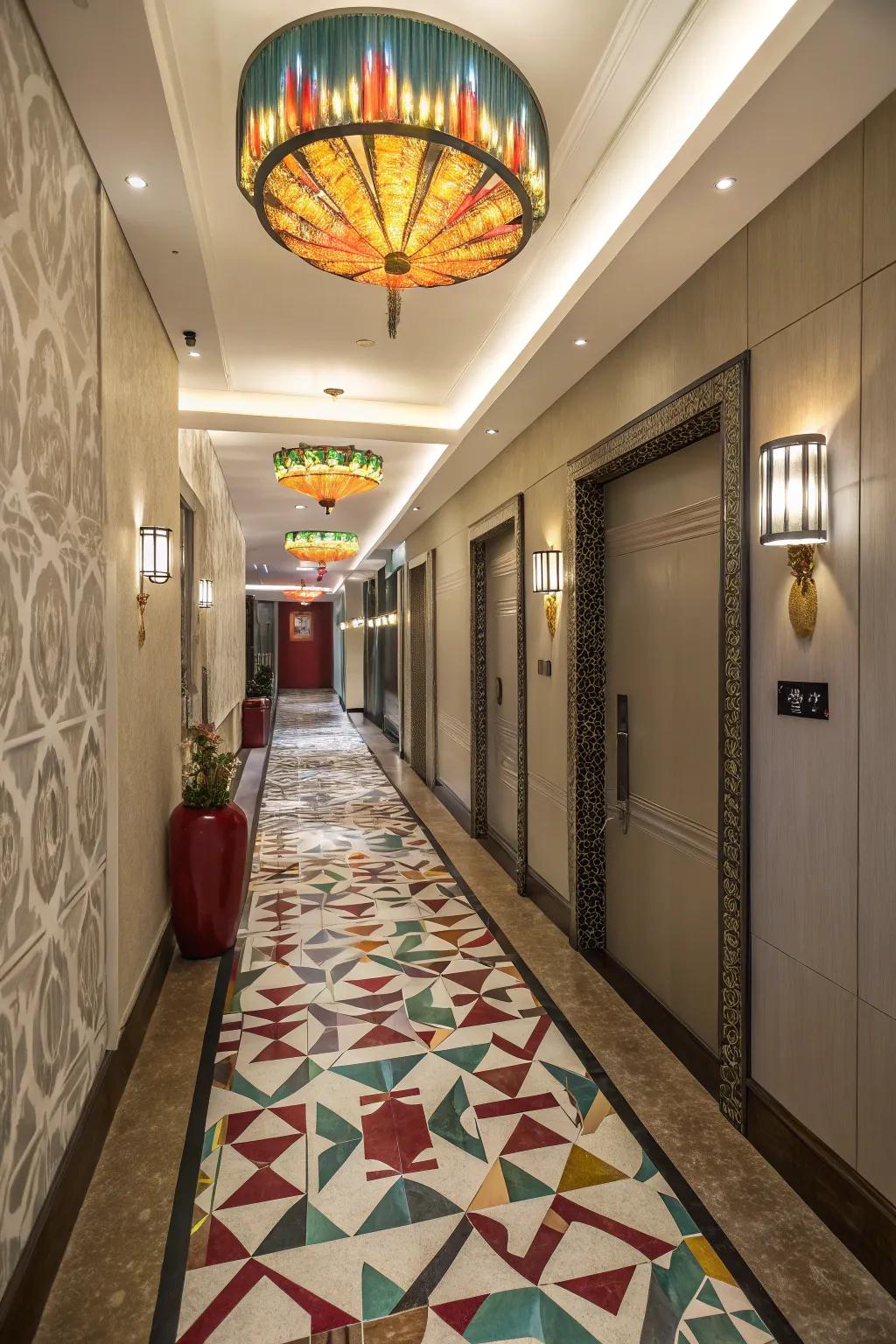 Geometric floor tiles or vibrant floor coverings can revolutionize your corridor's flooring.