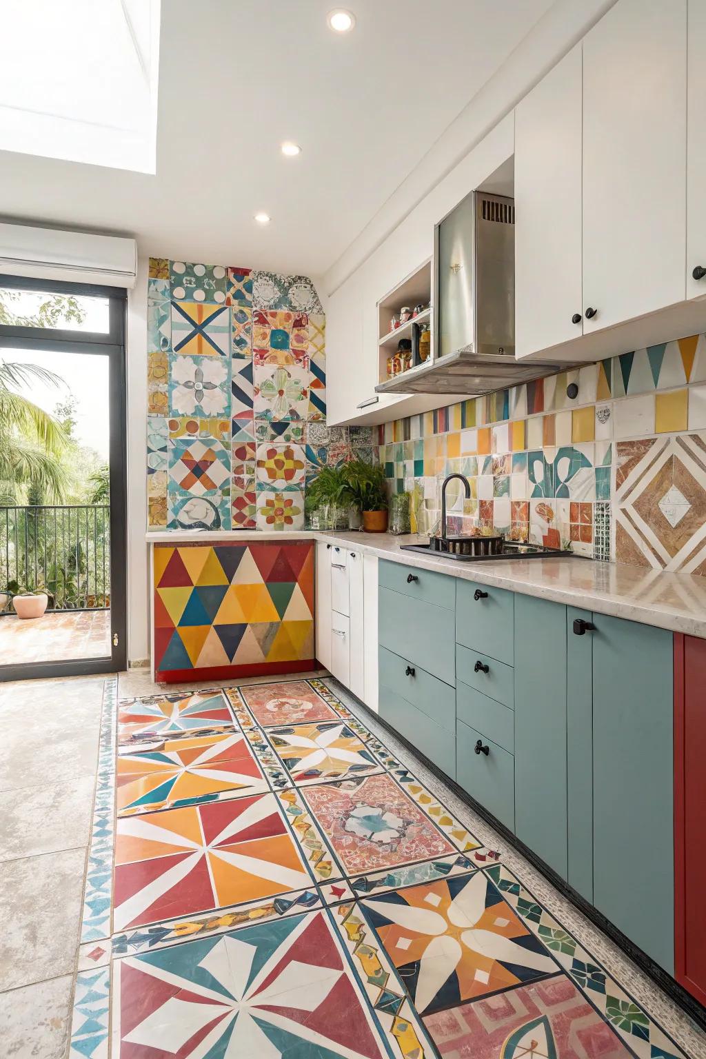 Patterned tiles contribute a fun and lively aspect to the cooking area.