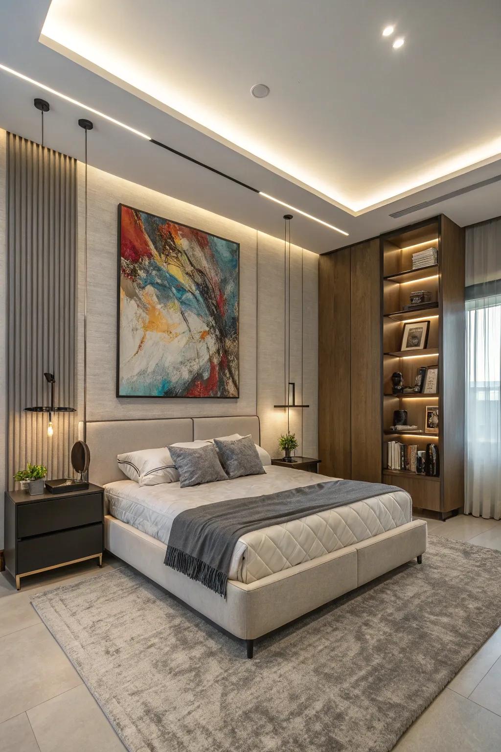 Modern art introduces a distinctive touch to this contemporary bedroom.