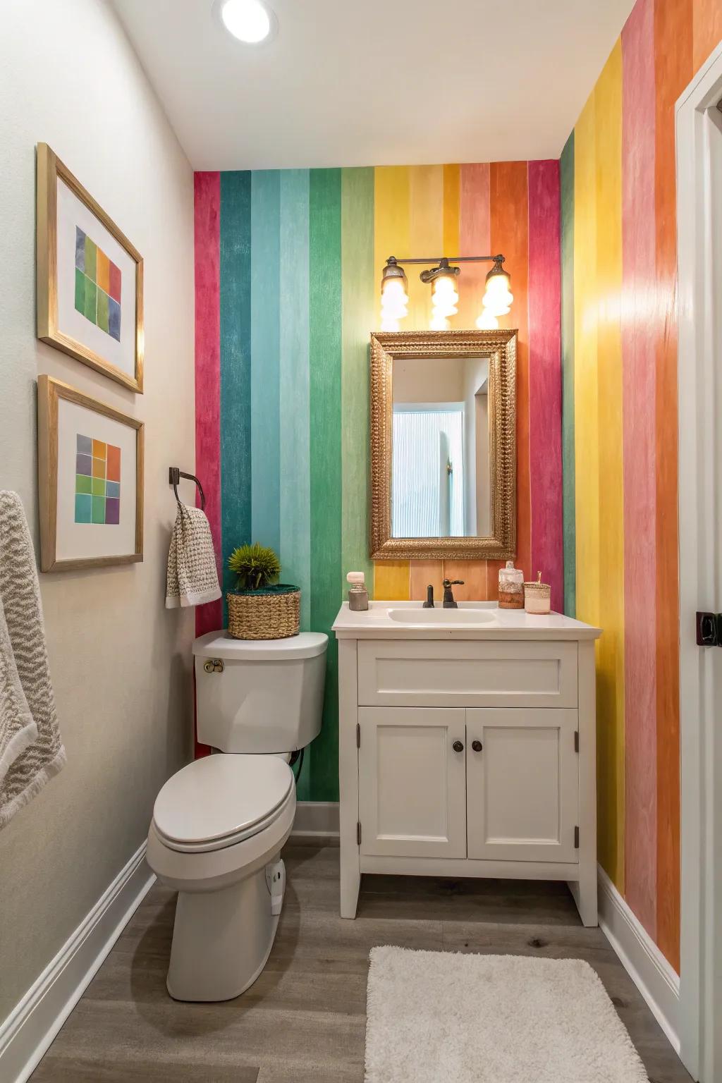 A guest bathroom showcasing a radiant feature wall with varied colors.