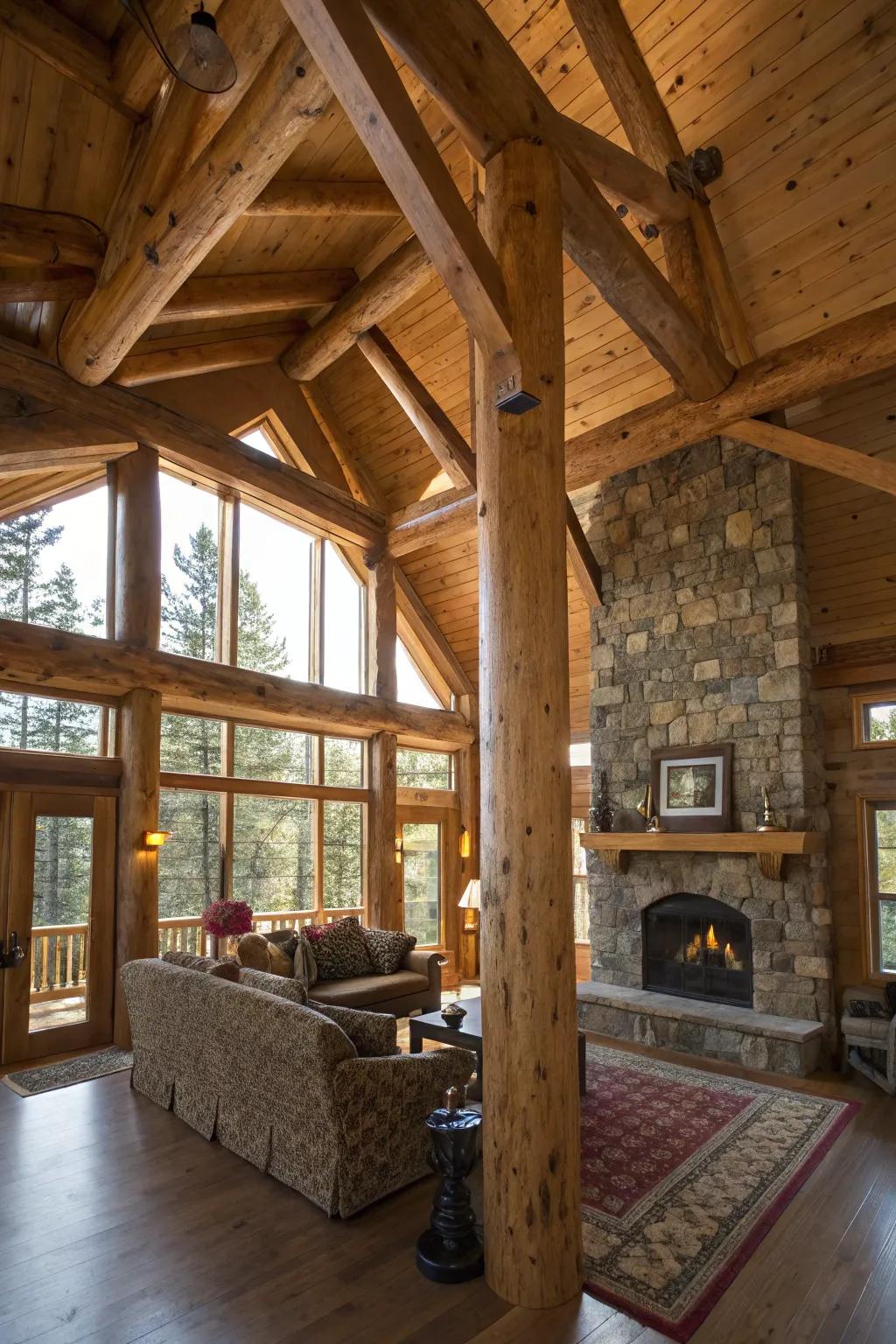 Earthy timber columns bring warmth and personality to a cabin-inspired living area.
