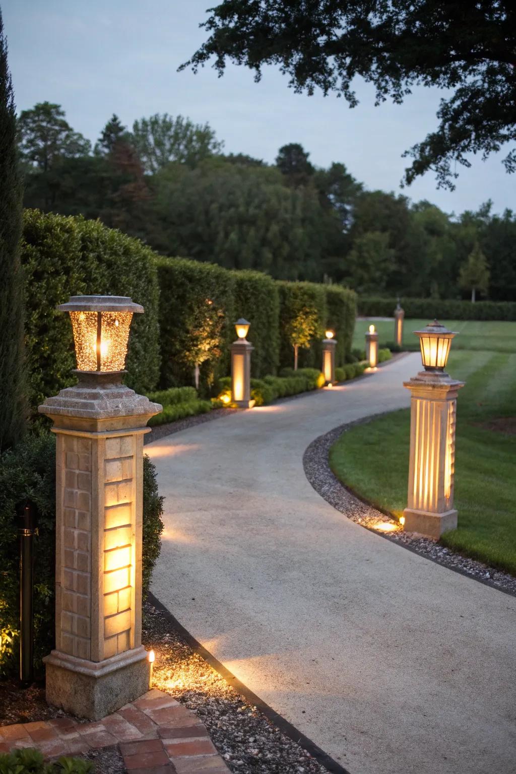 Fashion a grand entryway with warmly lit pillars.