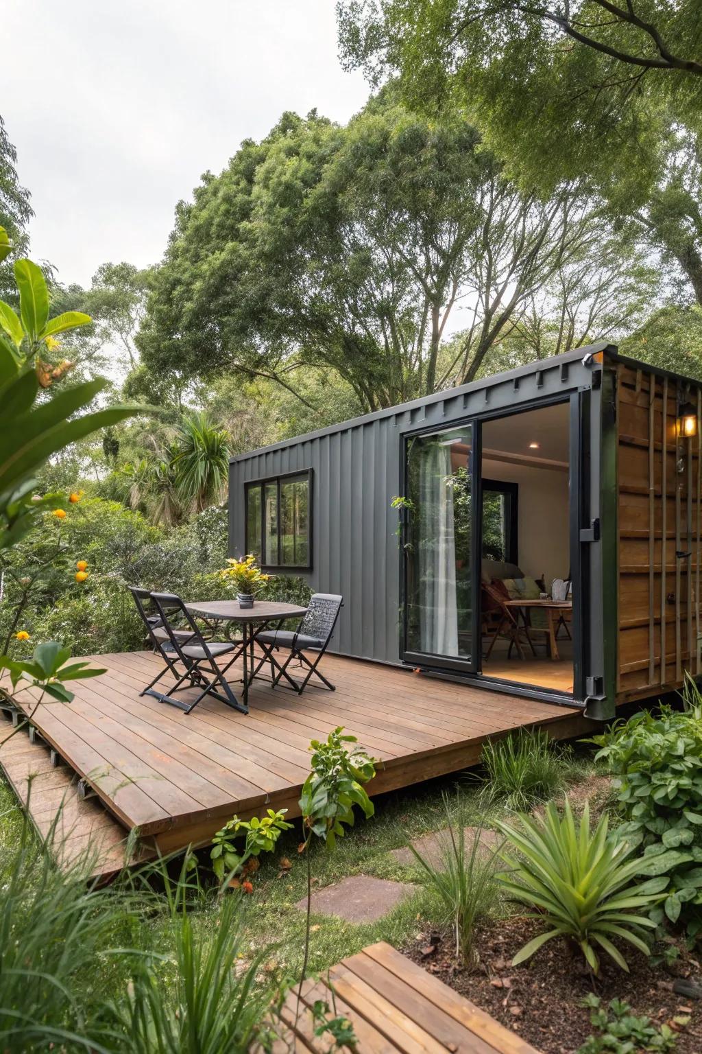 An inviting deck expands the habitable area of this container dwelling.