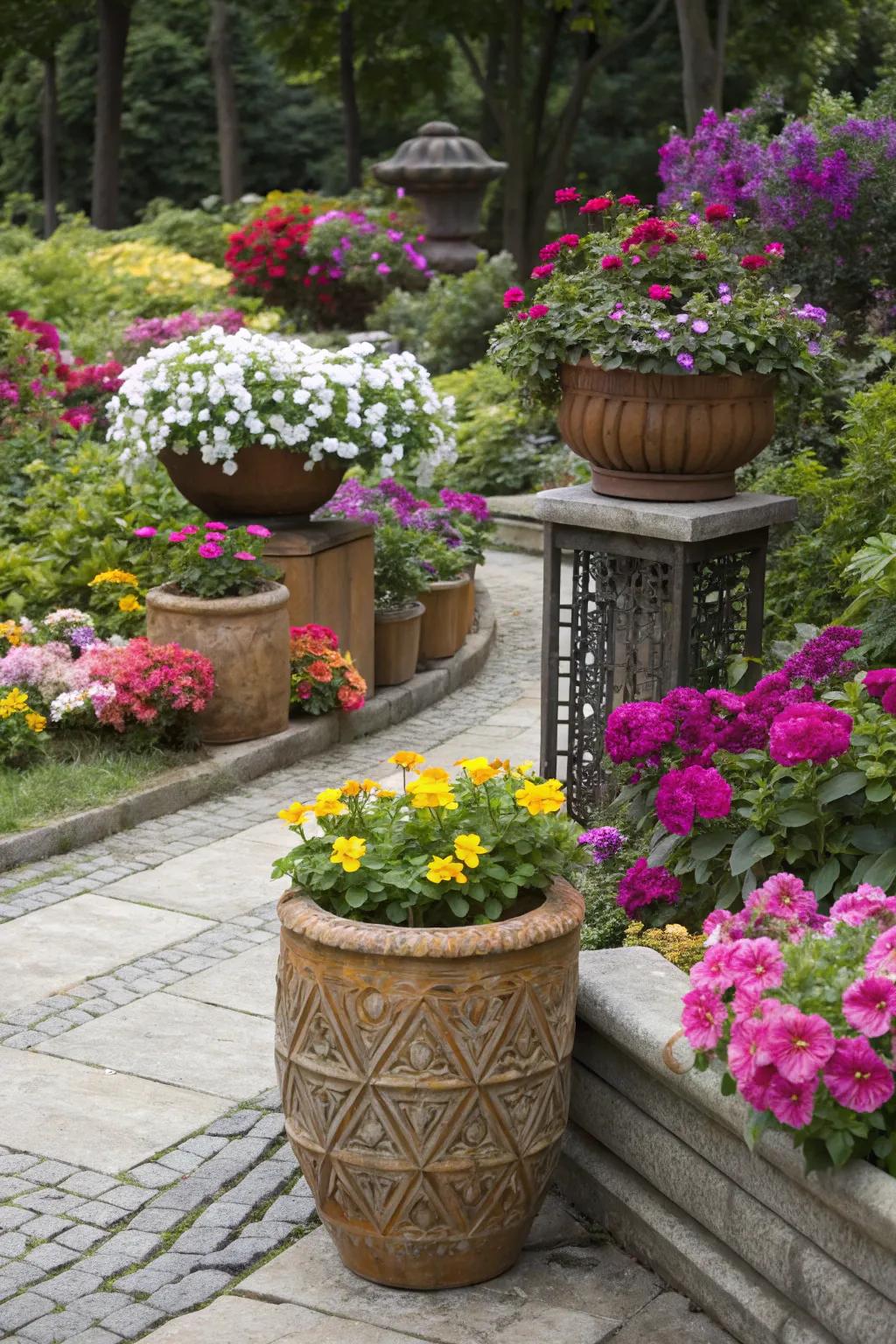 Eclectic mix of container styles in a garden.