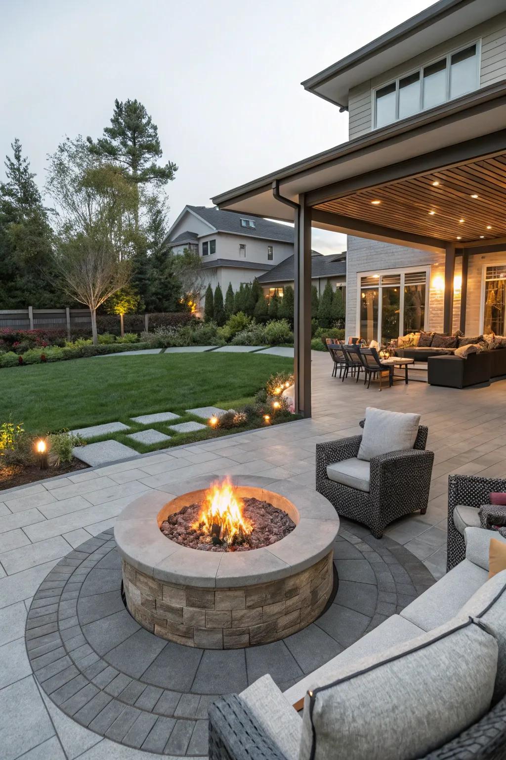 A comfortable fire pit is the heart of a contemporary patio.