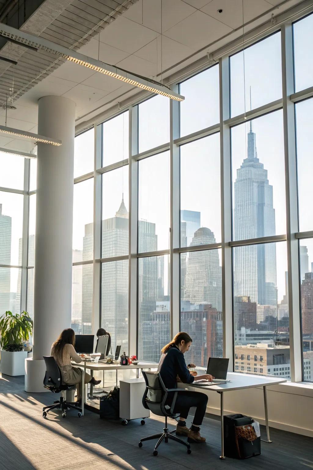 A sun-kissed office that fosters a lively and productive atmosphere.