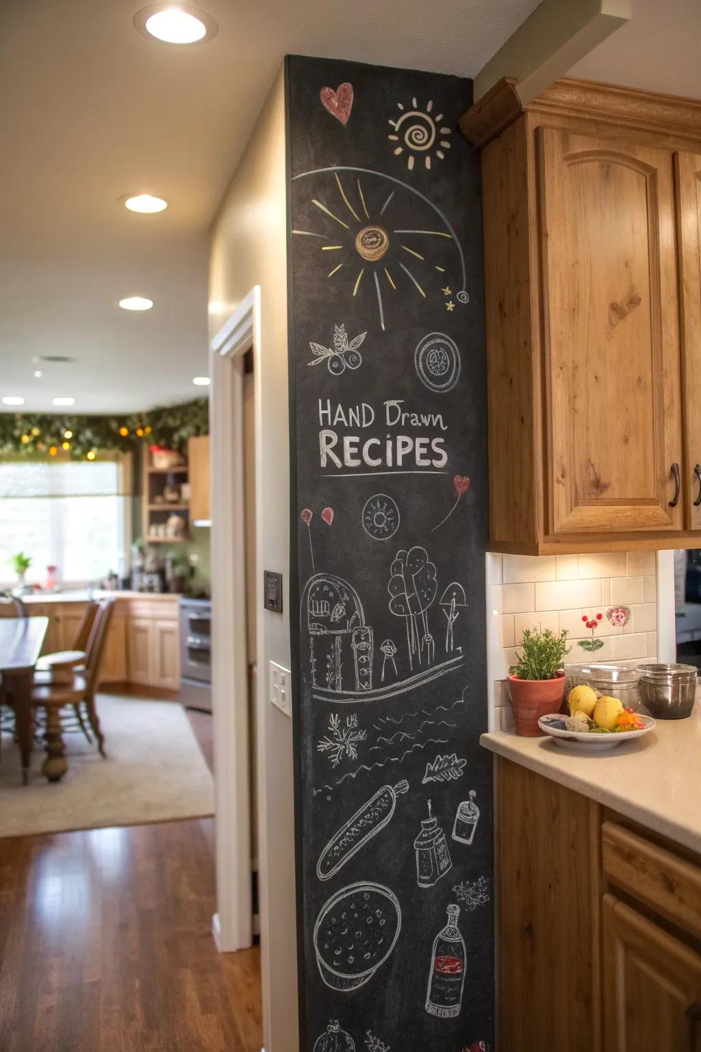 A blackboard wall in the kitchen encouraging artistic expression