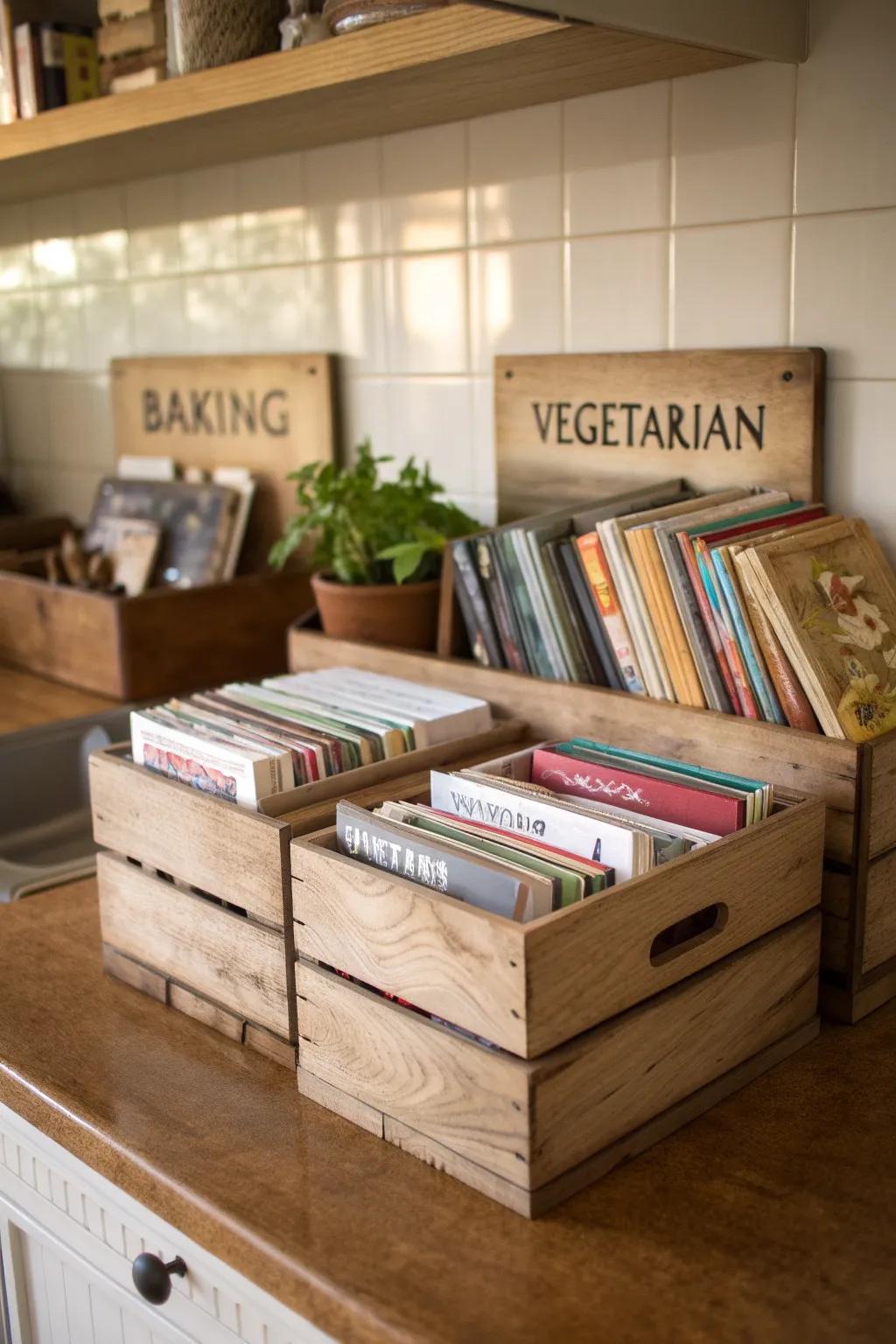 Wooden containers present a fashionable and rustic approach to housing cookbooks.