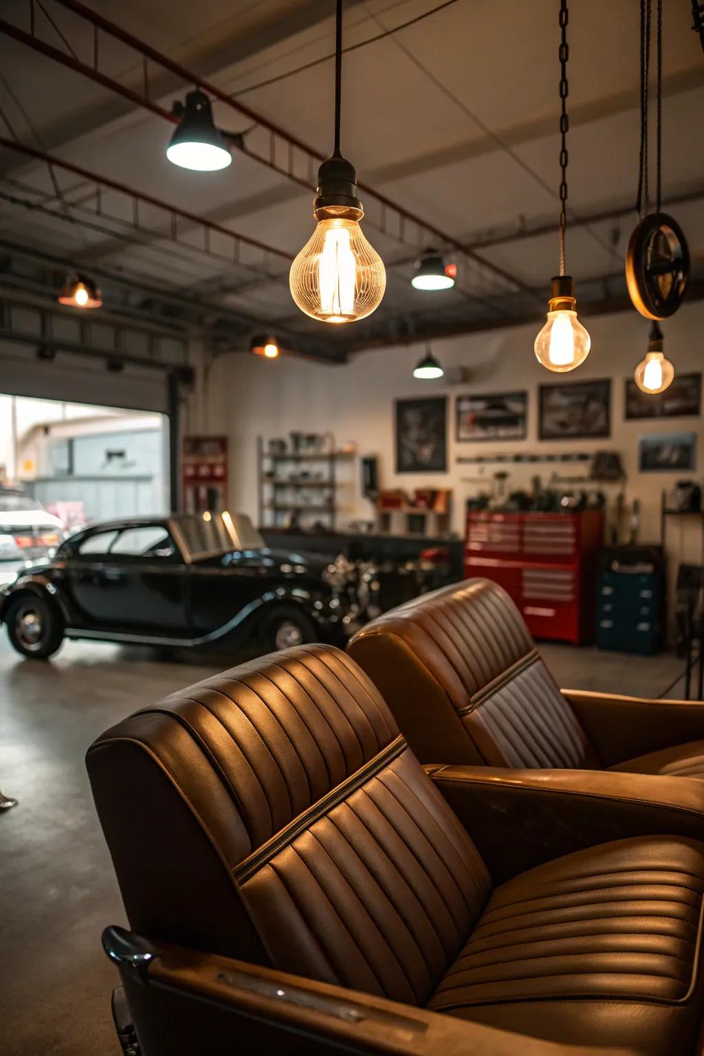 Within the garage, a lavish lounge space provides both ease and flair.