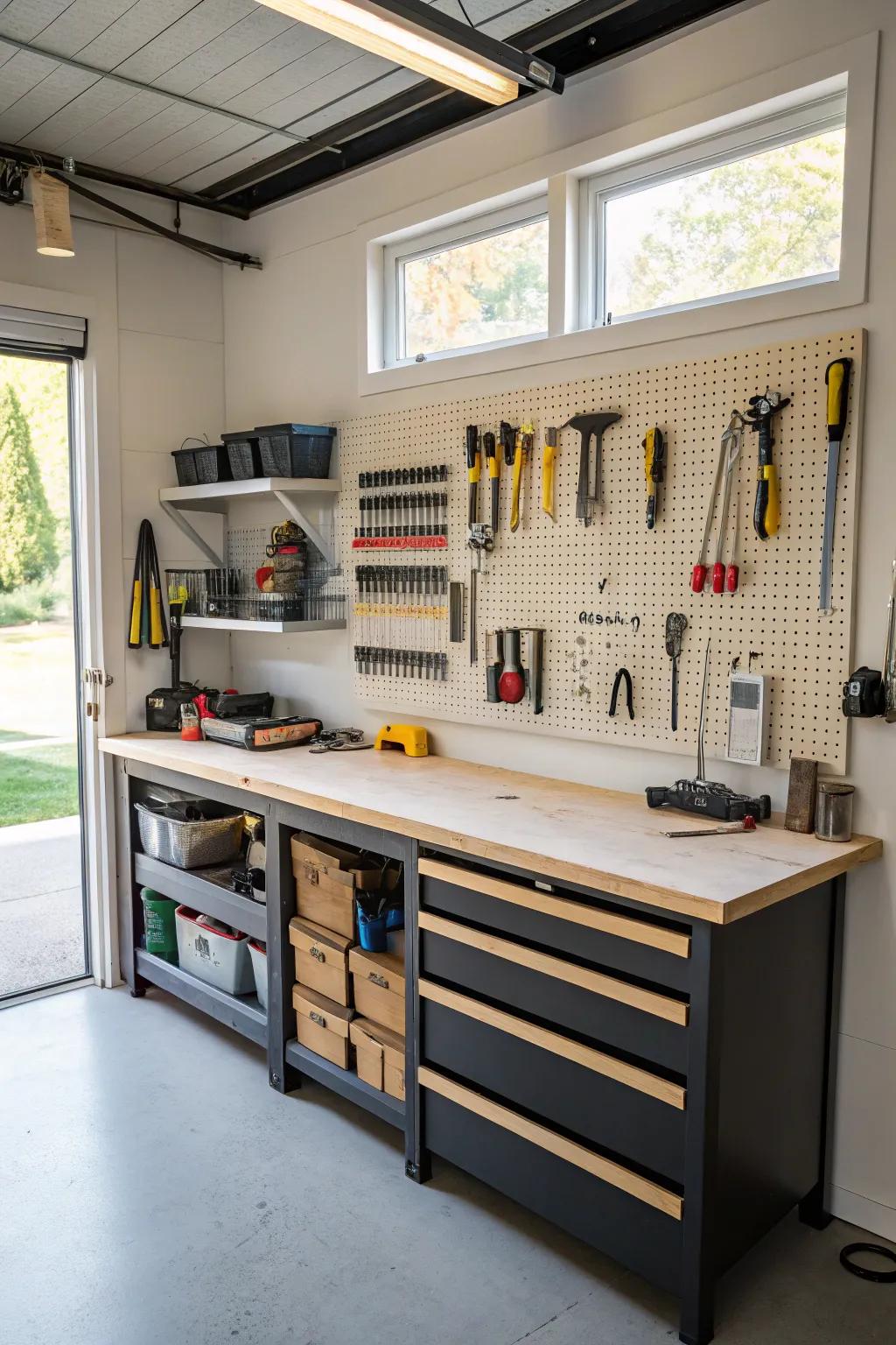 An imaginative project center in the garage with a workbench and structured tool storage.