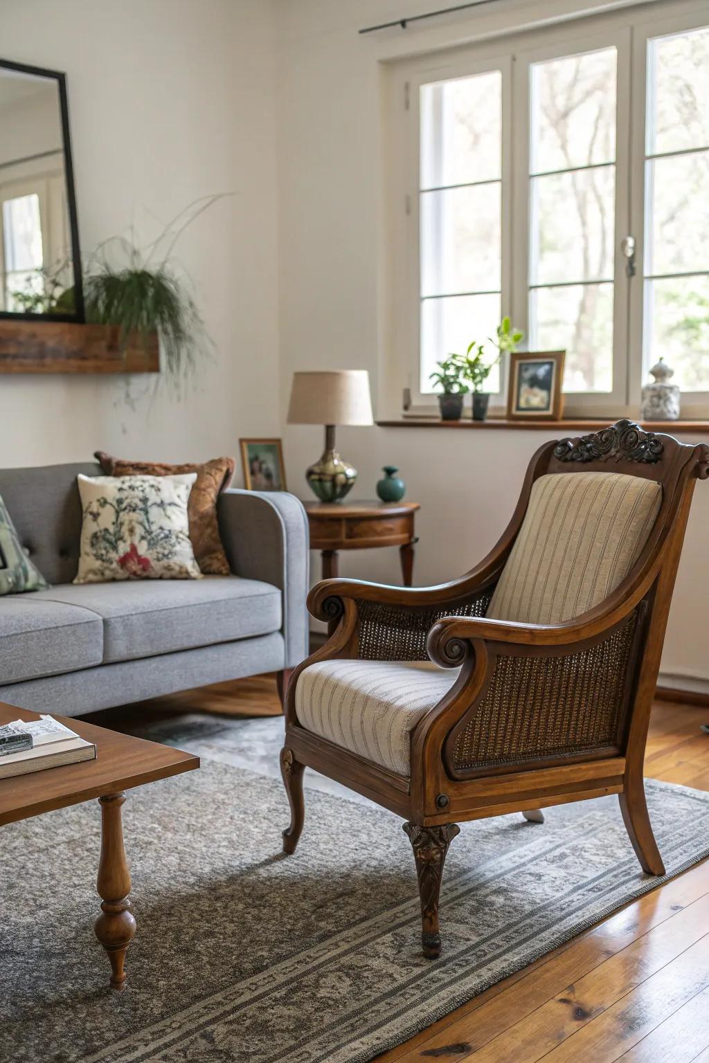 A meticulously arranged living room showcasing a medley of vintage and contemporary furnishings.