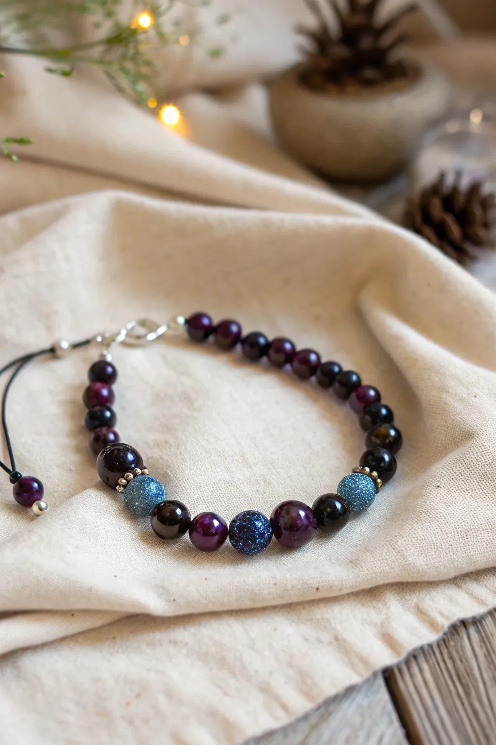 Dance beneath the stars with your personal piece of the cosmos—a handmade nighttime luminescence armlet showcasing the beauty of the nocturnal sky.