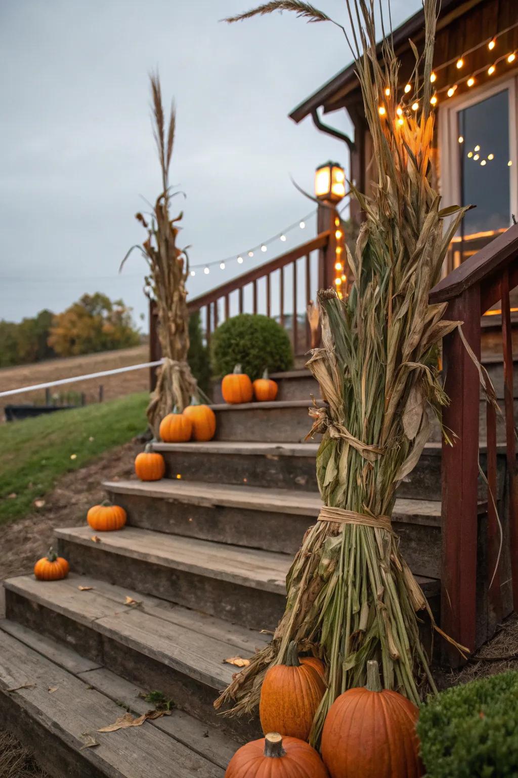 Country-style sheaves of corn stalks introduce depth and scale to your aesthetics.