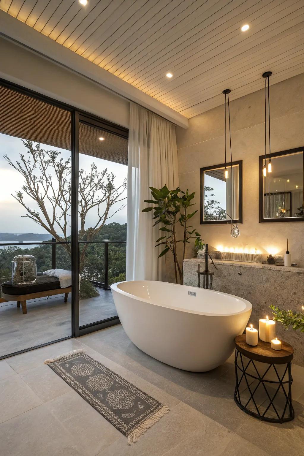 A corner bathtub imparts a luxurious sensation to confined spaces.