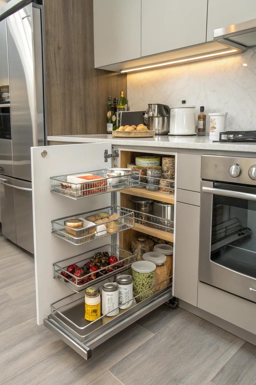 Swinging pull-outs present a polished answer for corner storage dilemmas.