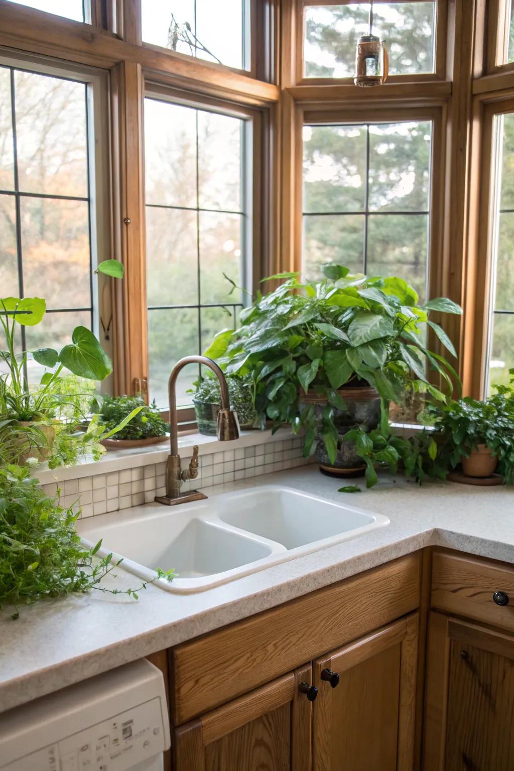 A kitchen's corner sink, set beneath expansive windows, benefits from an abundance of natural illumination.