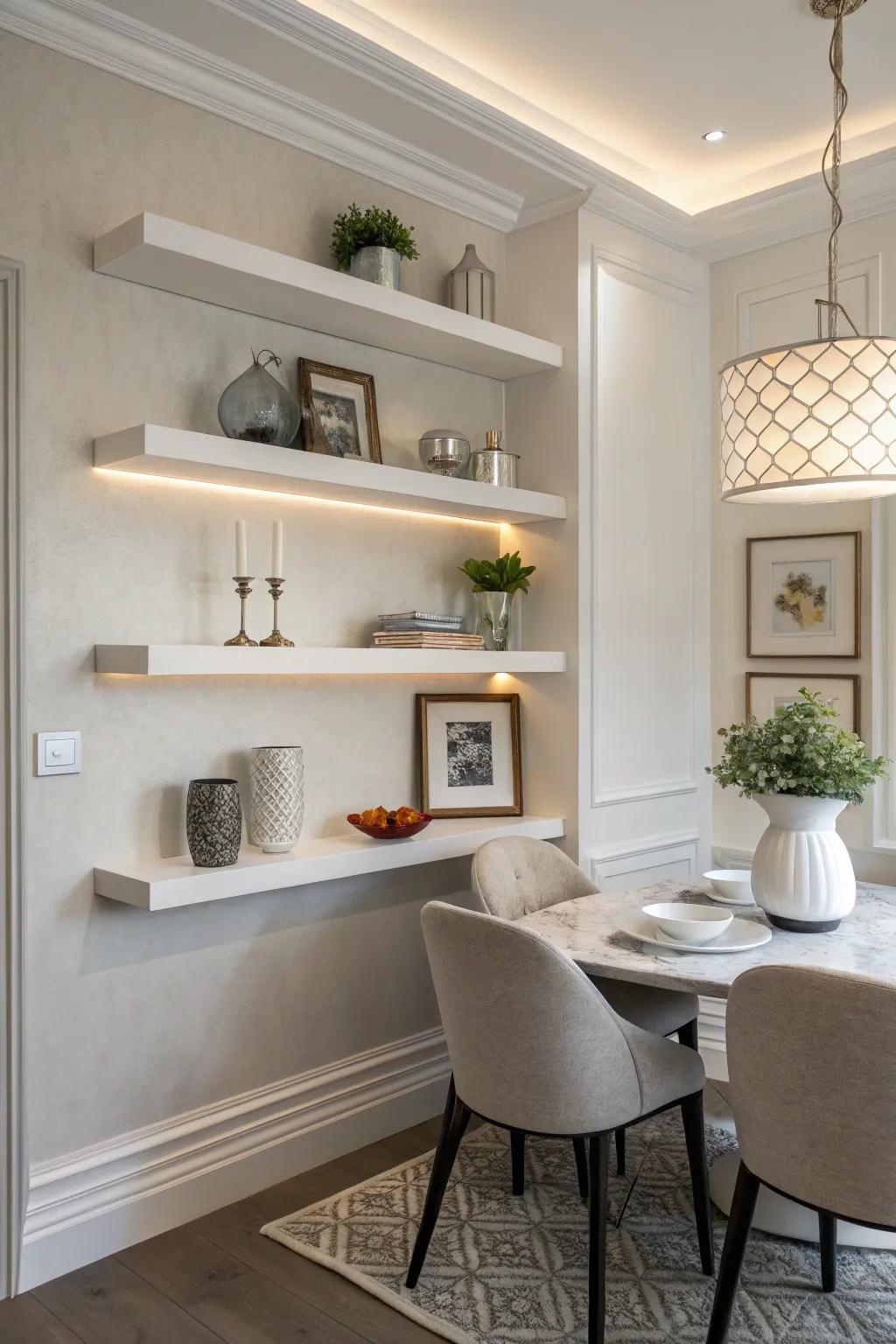 Floating shelves bring a sleek and modern touch to your dining space.