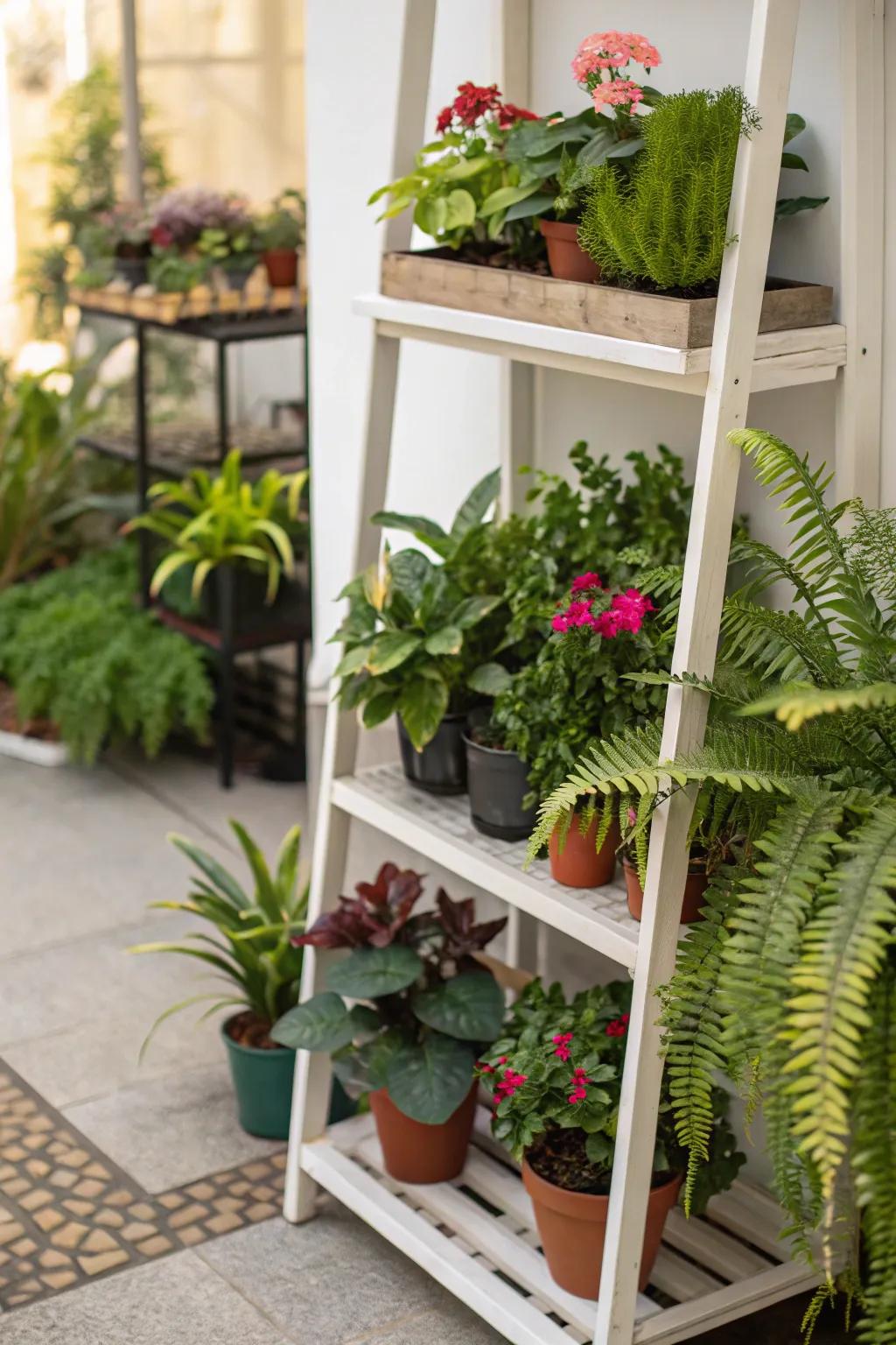 A corner shelf abundant with potted plants.