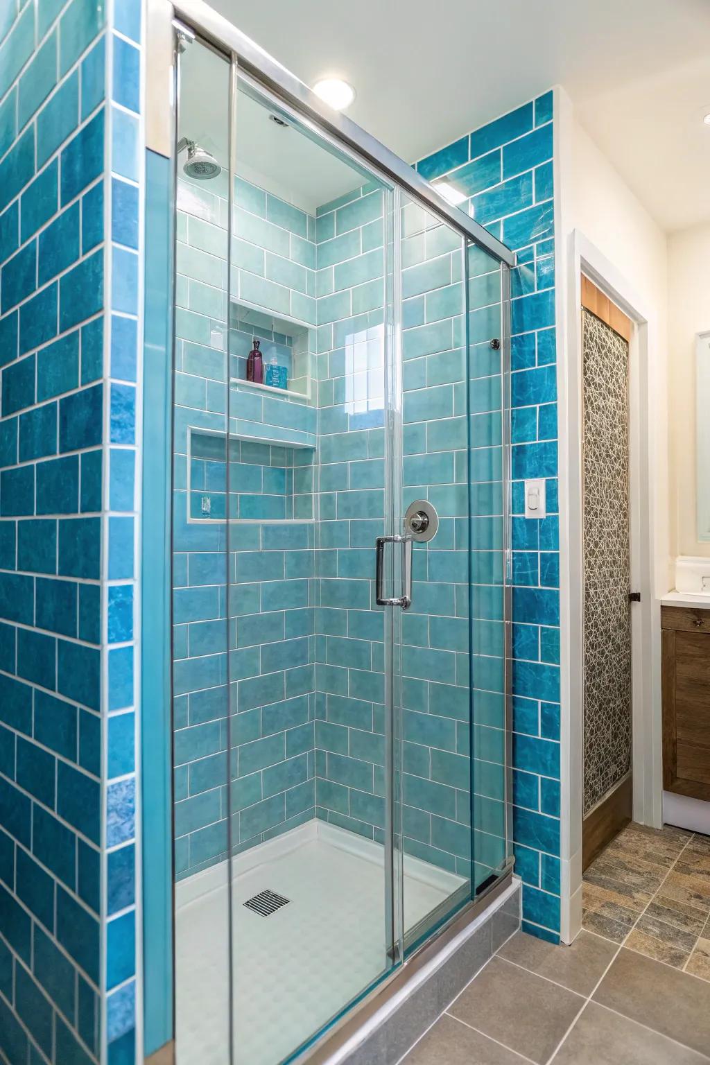 Lively azure bricks deliver a revitalizing seaside sensation to your shower.