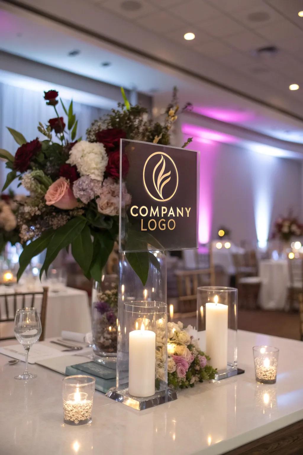 Business-focused centerpiece having a unique aspect presenting the company's symbol.