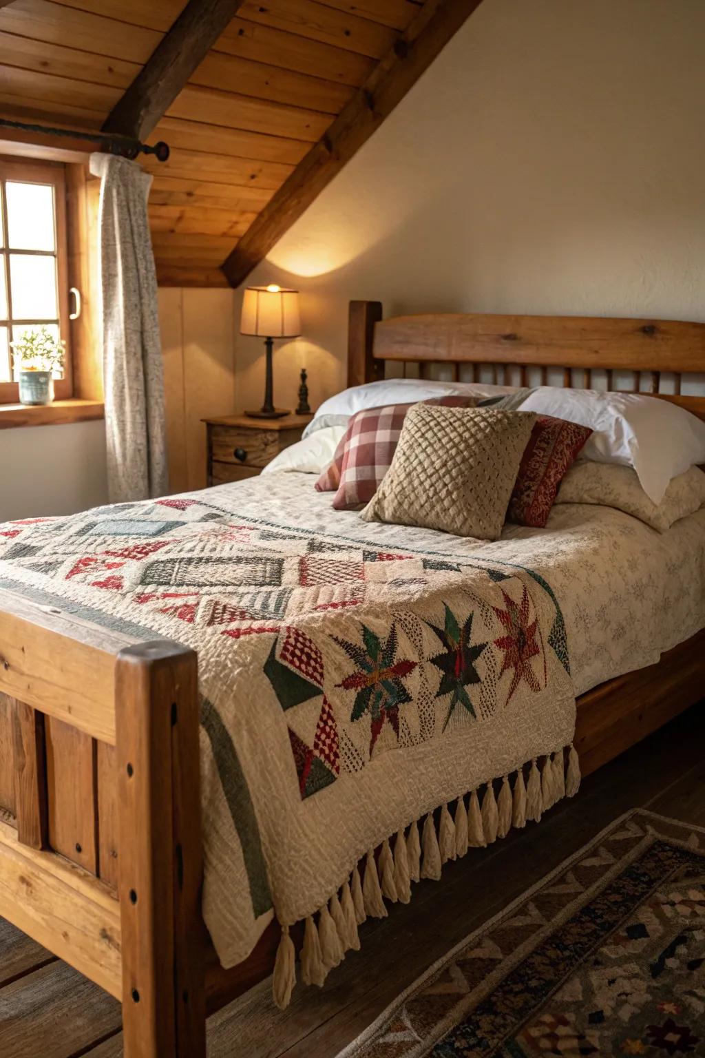 A warm bedroom adorned with layers of aged fabrics.