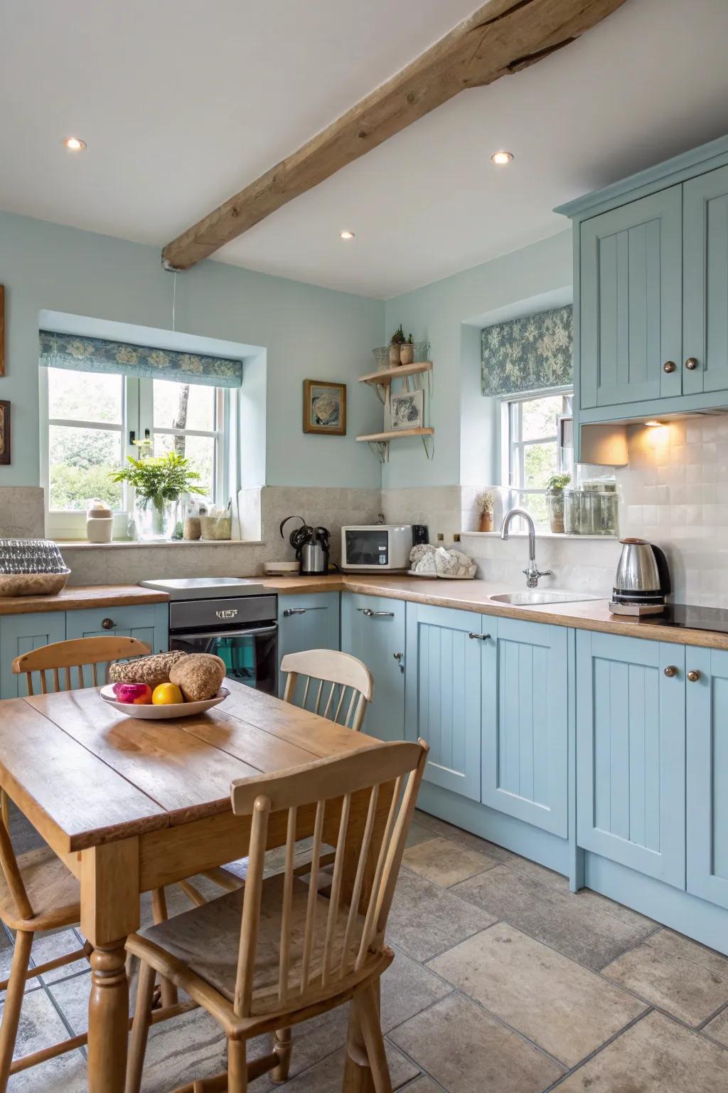 Sky blue cabinets deliver a gentle, inviting sense to the cooking area.