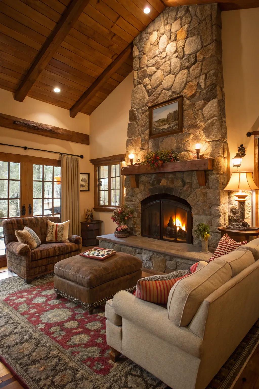 An expansive stone fireplace anchors the cottage living room.