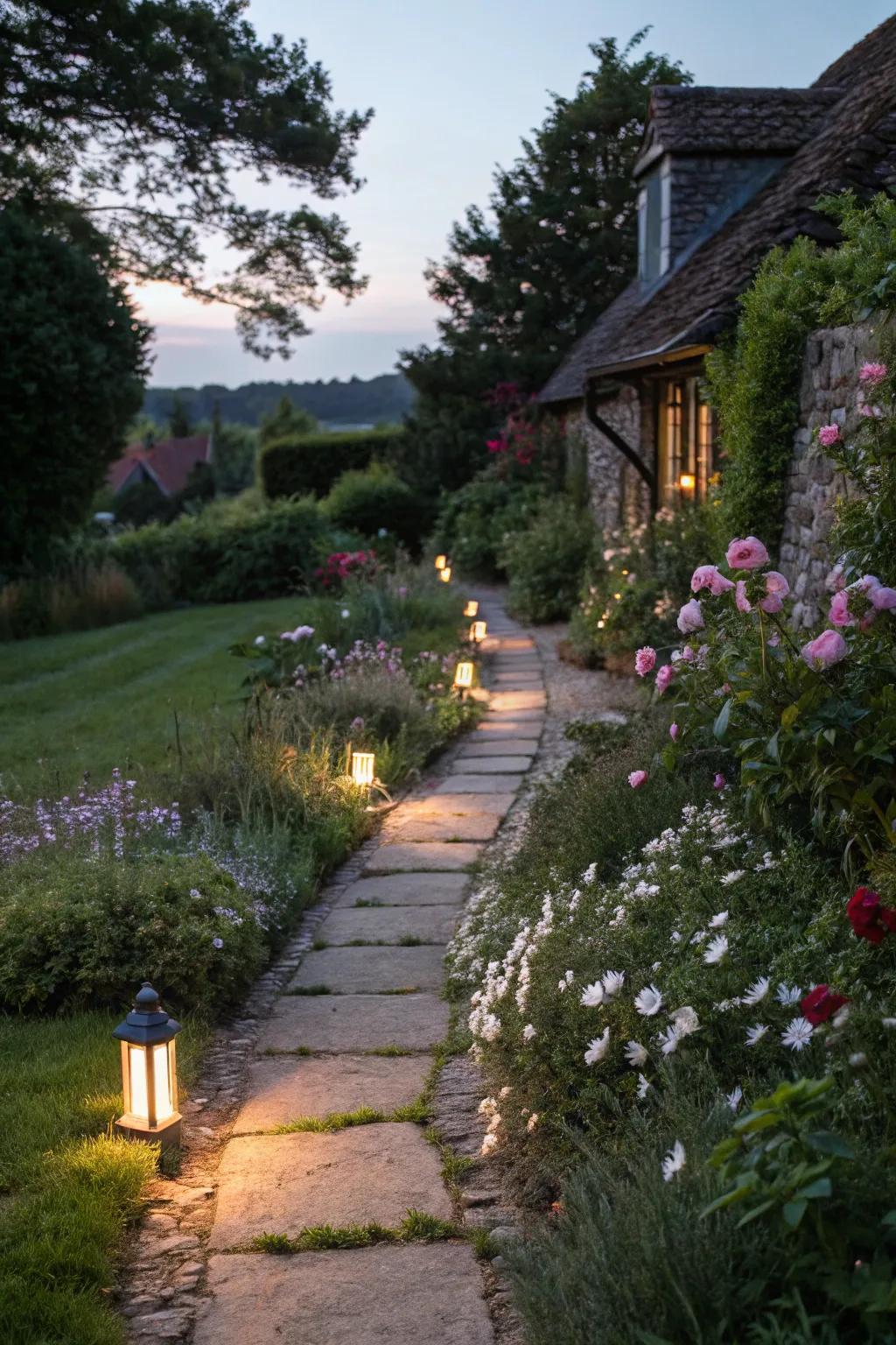 A beautifully lit garden path showing the way.