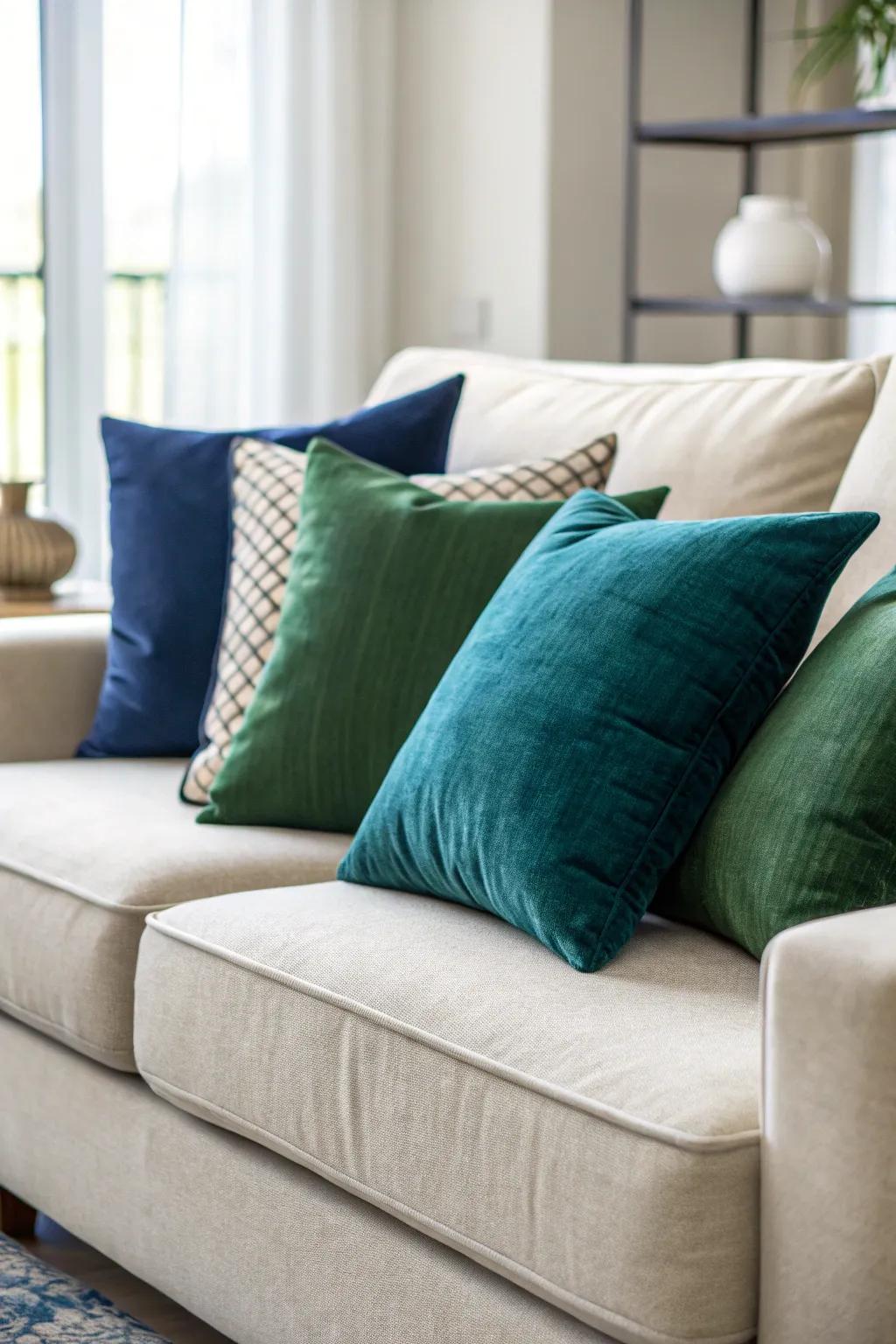 Pillows with coordinated shades create a harmonious appearance.