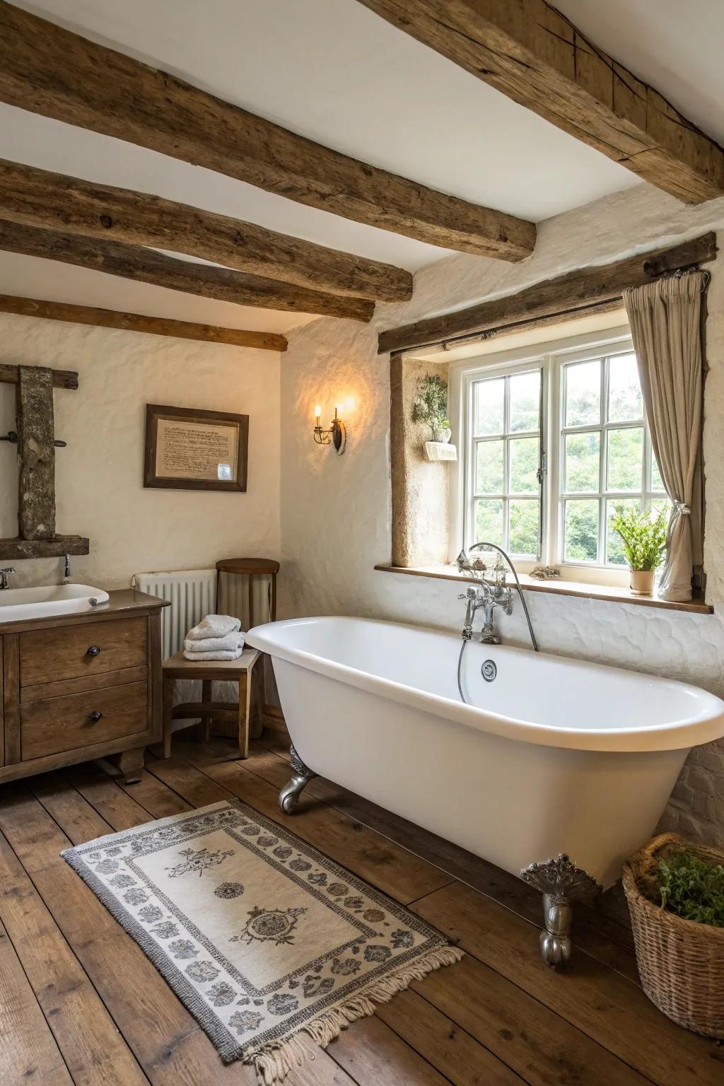 The rustic bathroom is ideally complemented by a standalone clawfoot tub.