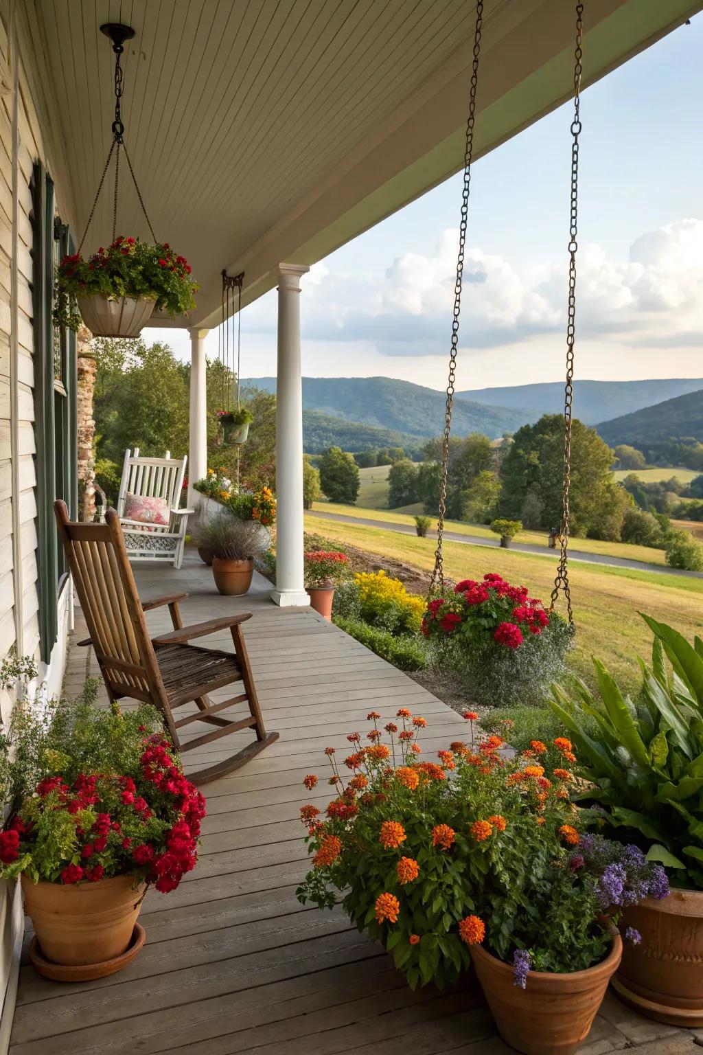 A lively assortment of potted plants infuses life into a farmhouse porch.