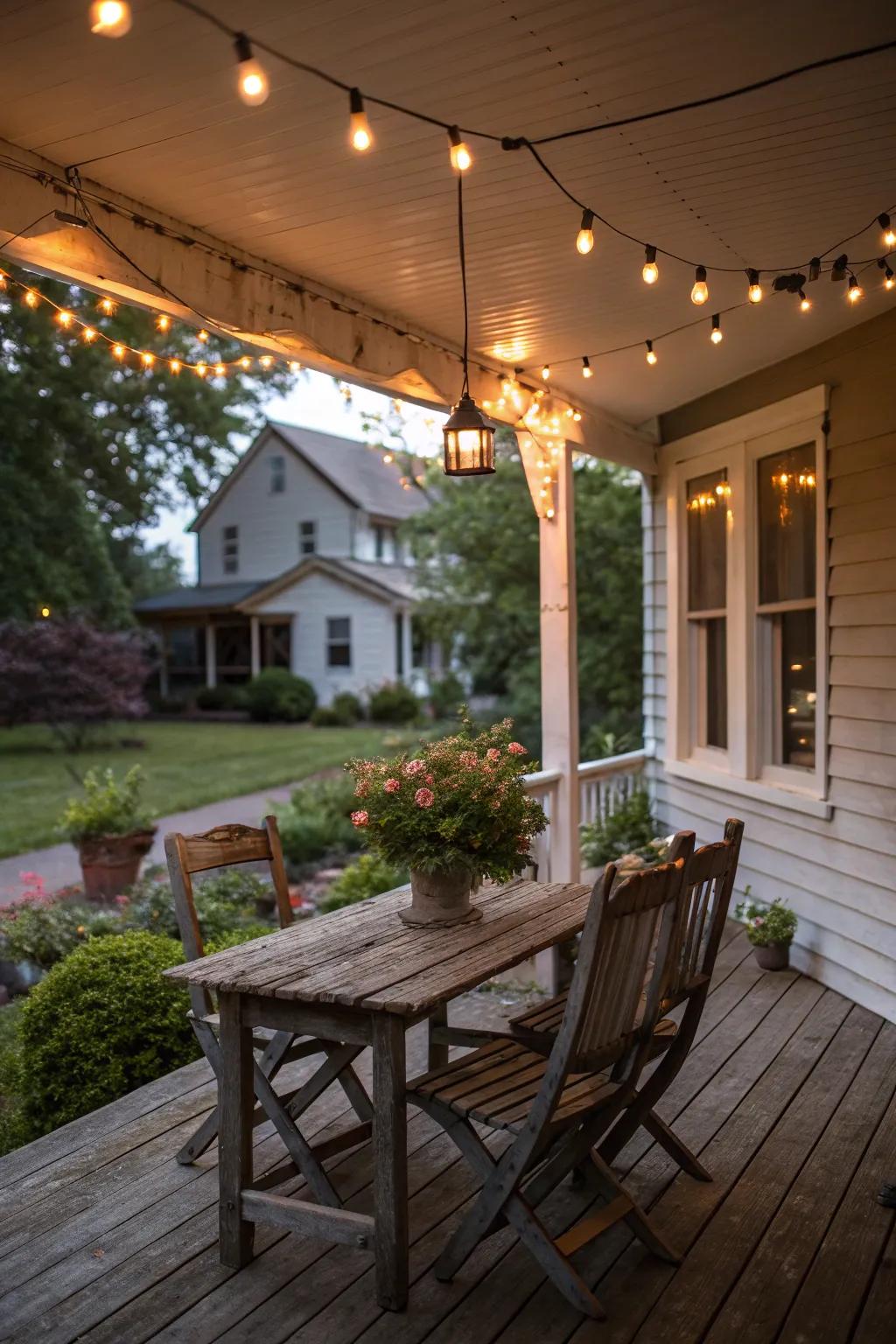 Fairy lights deliver warmth and enchantment to your country porch nights.