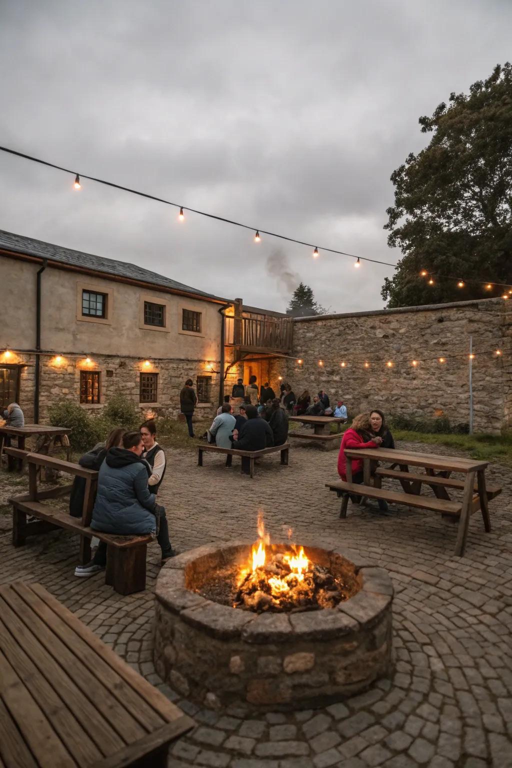 A fire bowl serves as a welcoming and toasty centerpiece in the courtyard.