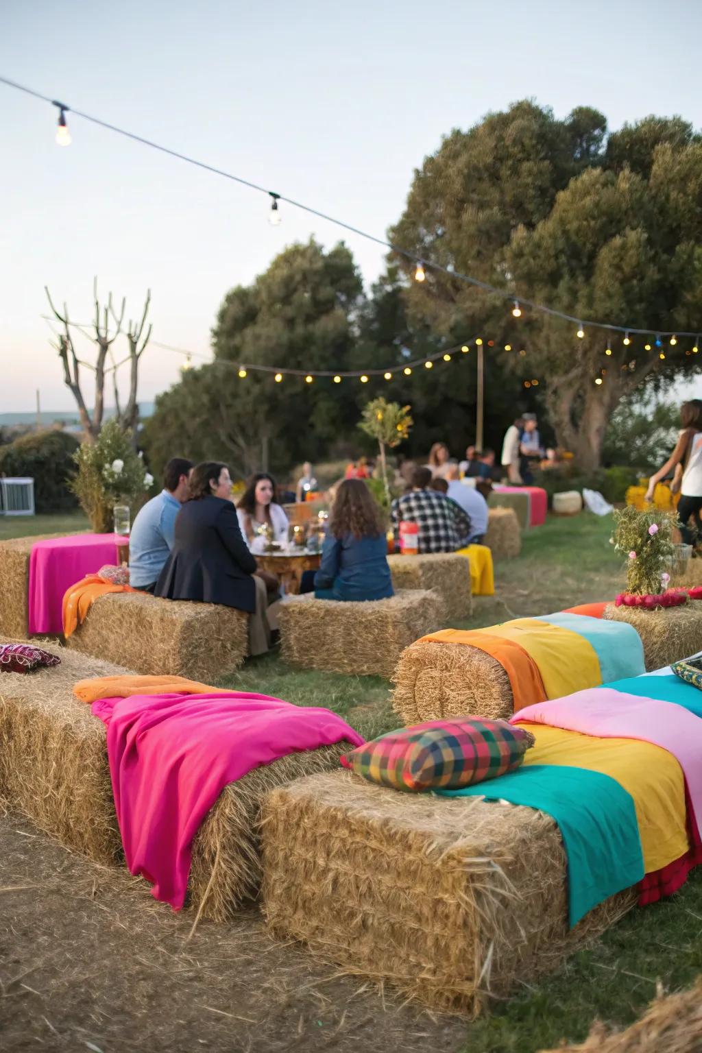 Forage beds offer rustic seating with a pop of color for a cozy hangout.