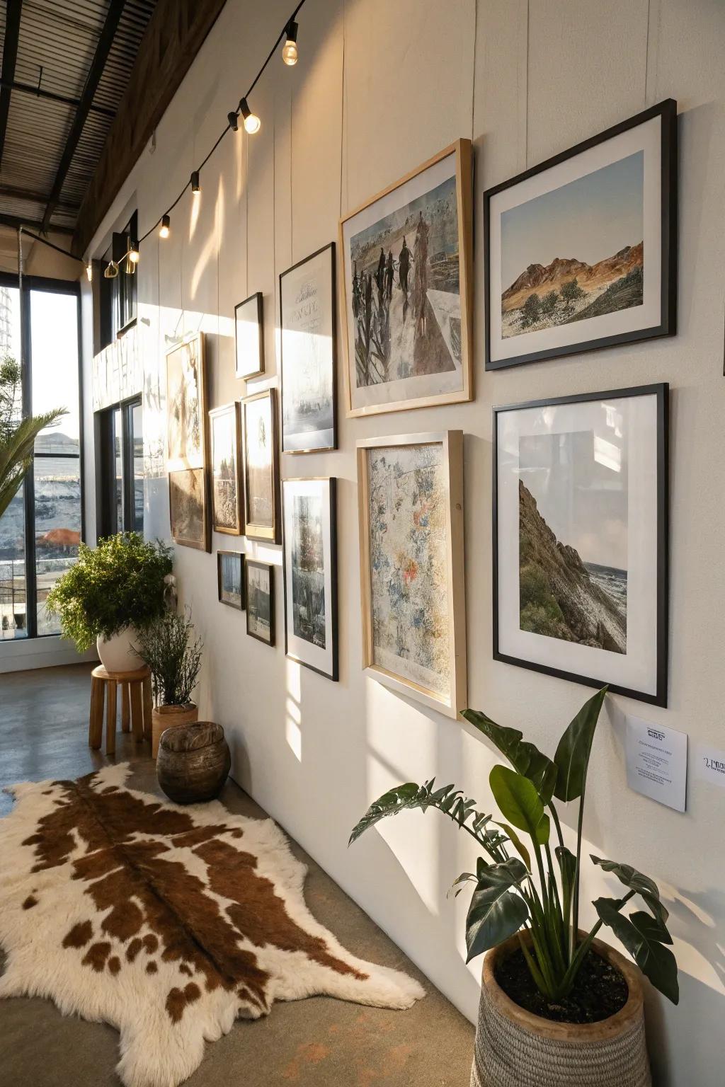 A gallery display merging hide elements with framed artworks for added depth.