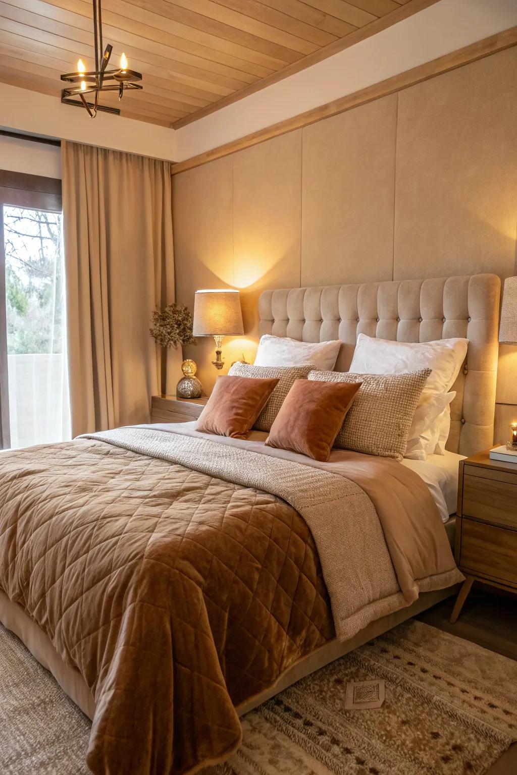 An inviting bedroom featuring butterscotch bedding and ambient, warm lighting.